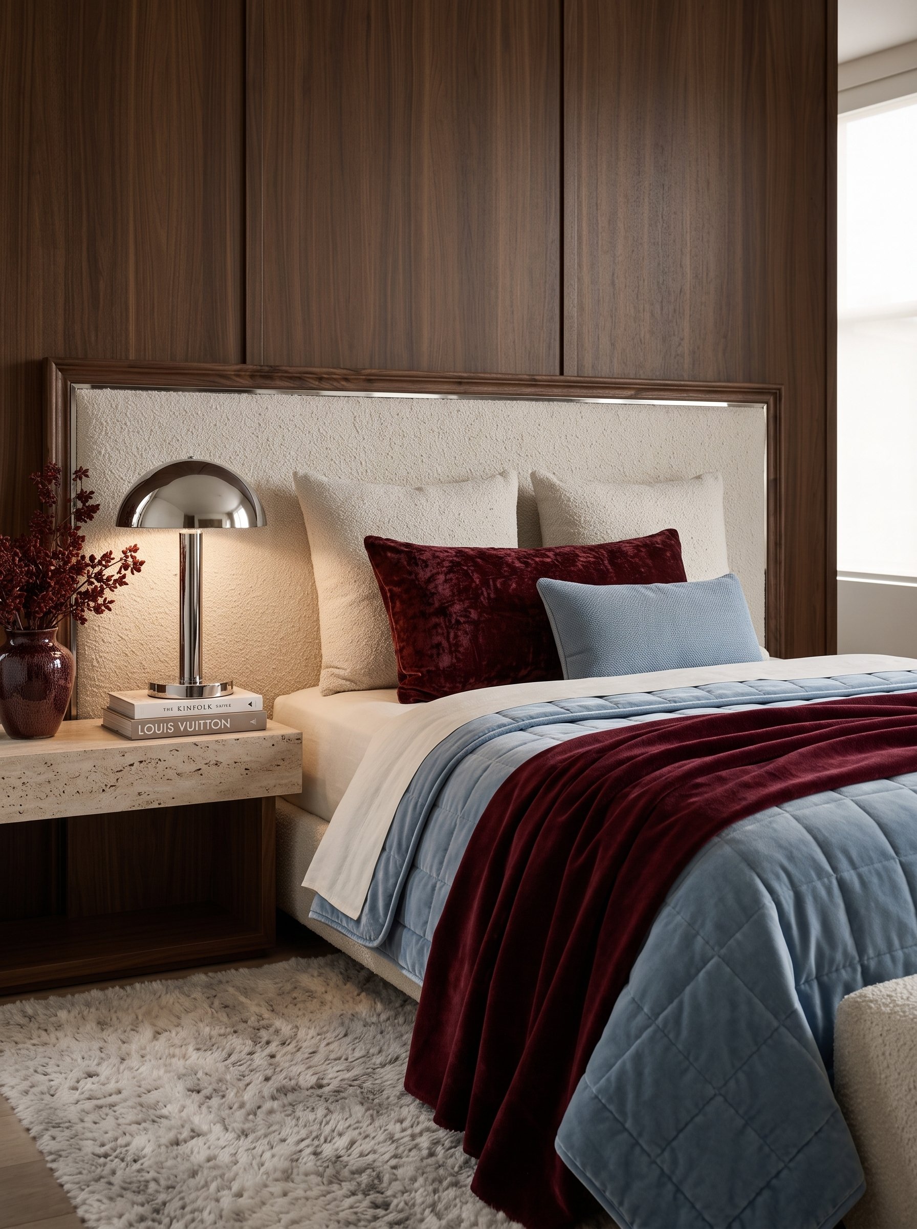 bedroom with walnut panels, burgundy and powder blue bedding, chrome table lamp