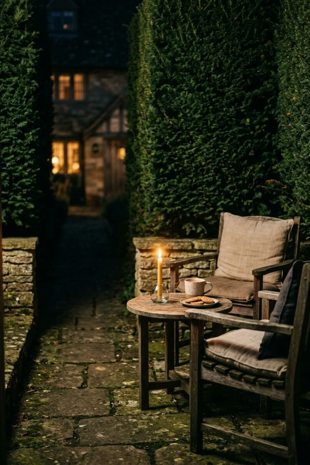 Outdoor seating arrangement in the evening with two chairs and a small table