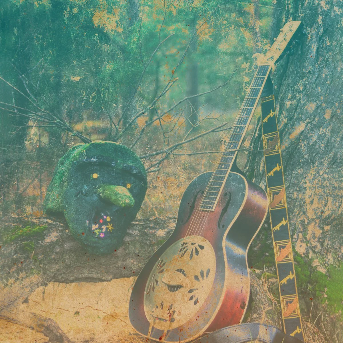 Jesco Bored or Sad promotional image guitar and mask in the woods