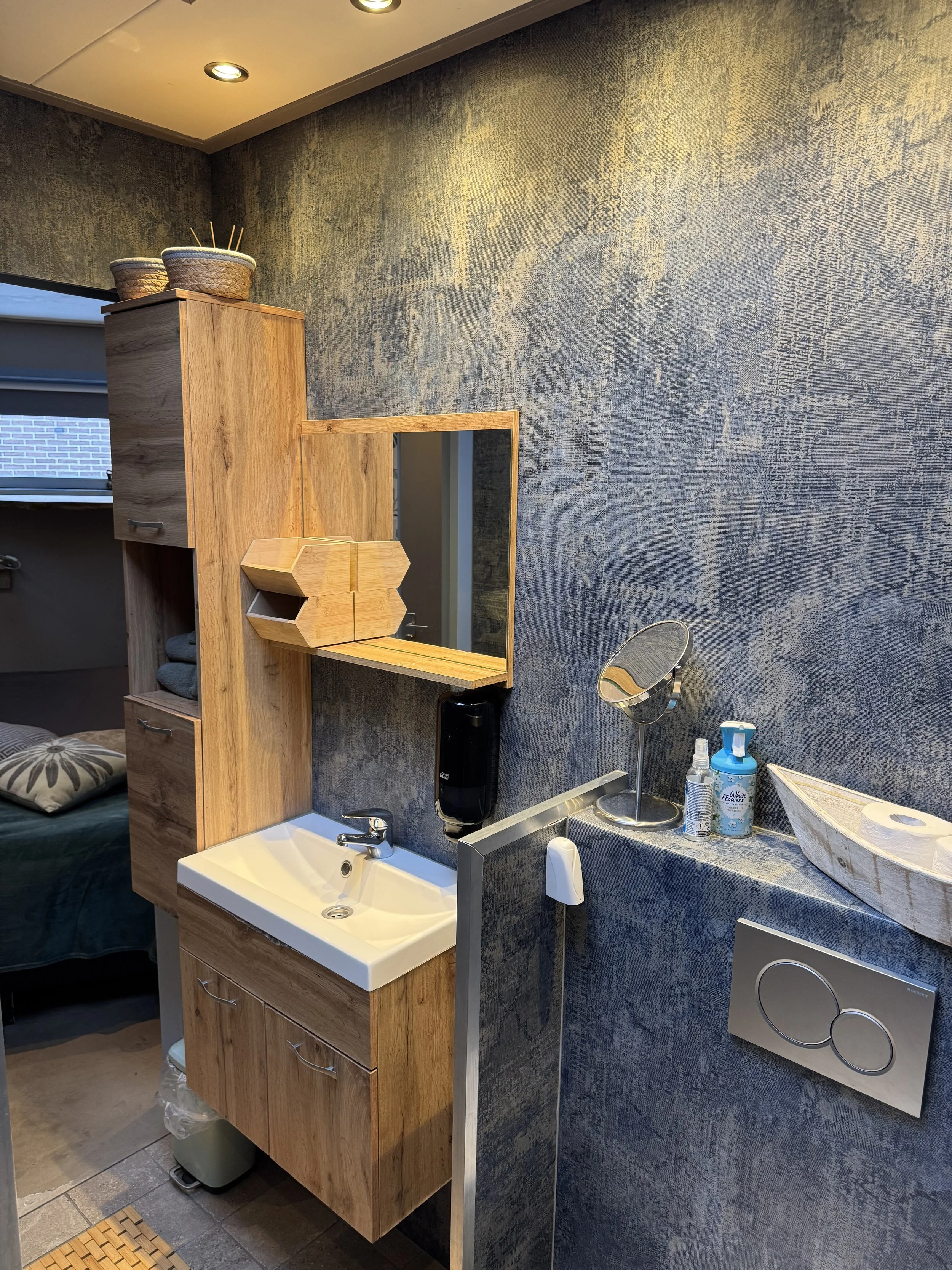 Badkamer met een houten kast, een kleine wastafel, een spiegel en diverse toiletartikelen, waaronder handdesinfectiemiddel, een spray en een doos tissues op het aanrecht. Slaapkamer met een bed en kussens zichtbaar op de achtergrond.