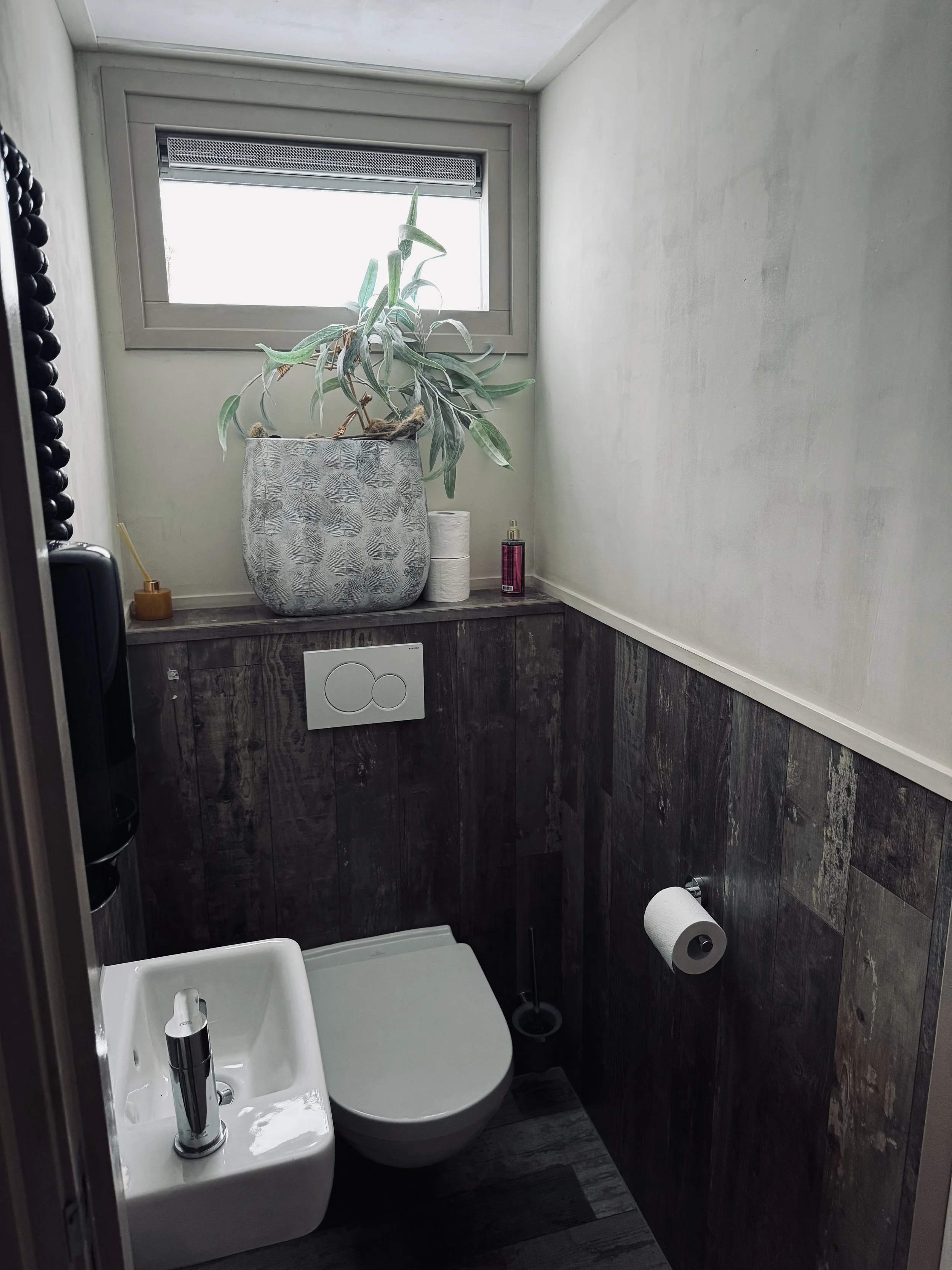 Kleine moderne badkamer met een raam, een potplant op een plank, een toilet met bidet, toiletpapier en toiletartikelen.