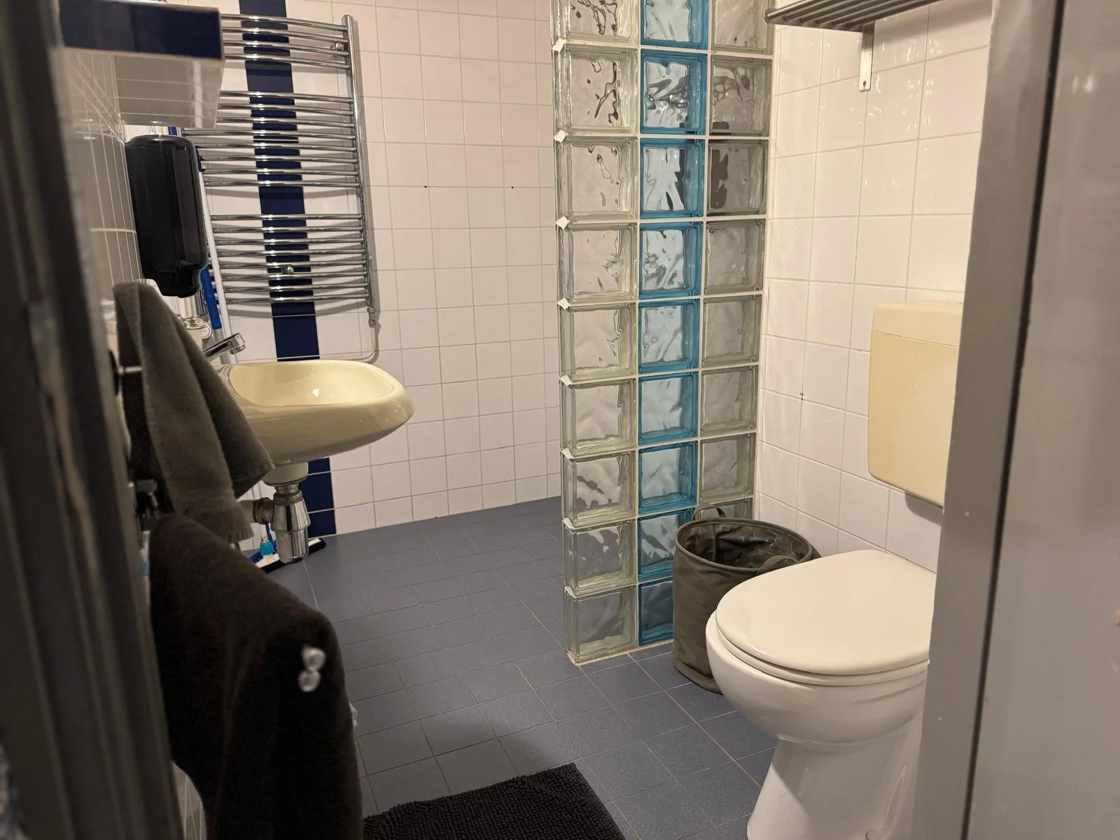 een foto van de badkamer van het appartement op de foto het toilet wasbak en douche