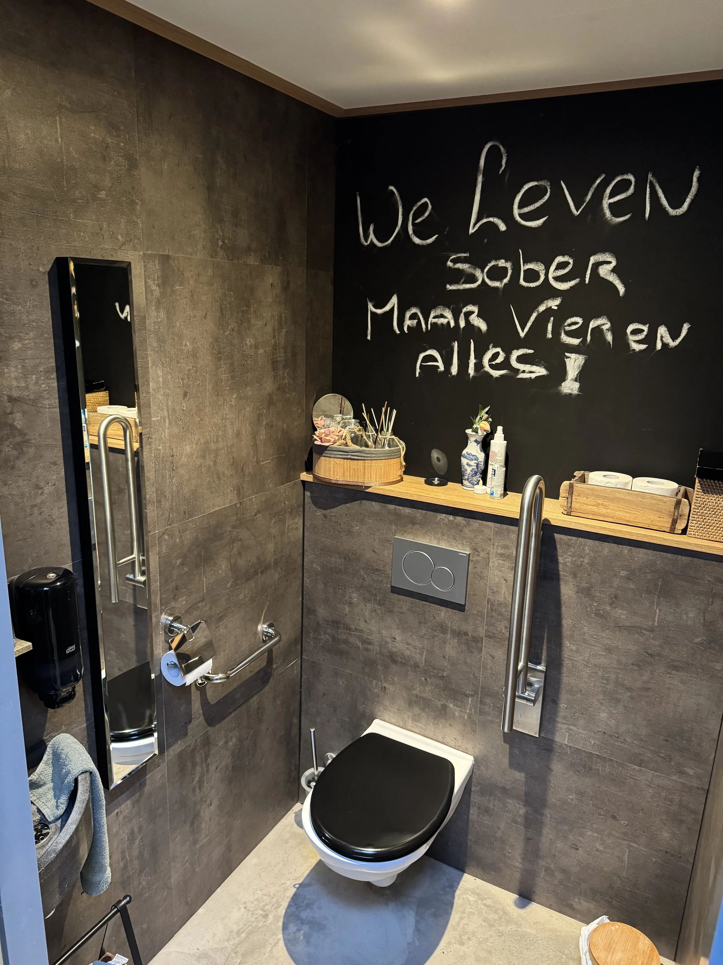 Een kleine, moderne badkamer met donkere wandtegels en een zwart toilet. Aan de linkerwand hangt een spiegel, boven het toilet bevindt zich een kleine houten plank met toiletartikelen en decoratieve voorwerpen,