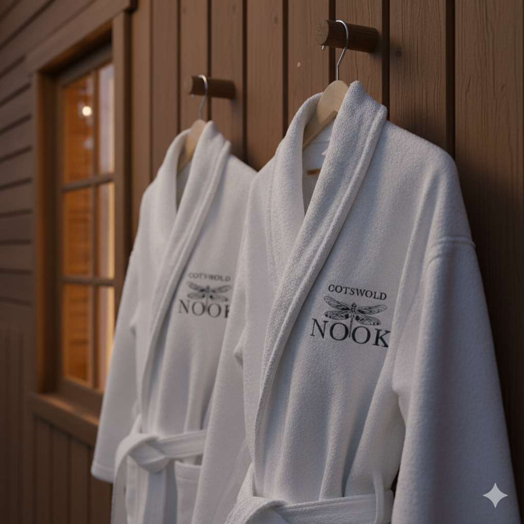 Two white bathrobes hanging on hooks on a wooden wall, embroidered with 'COTSWOLD NOOK' and a dragonfly logo.