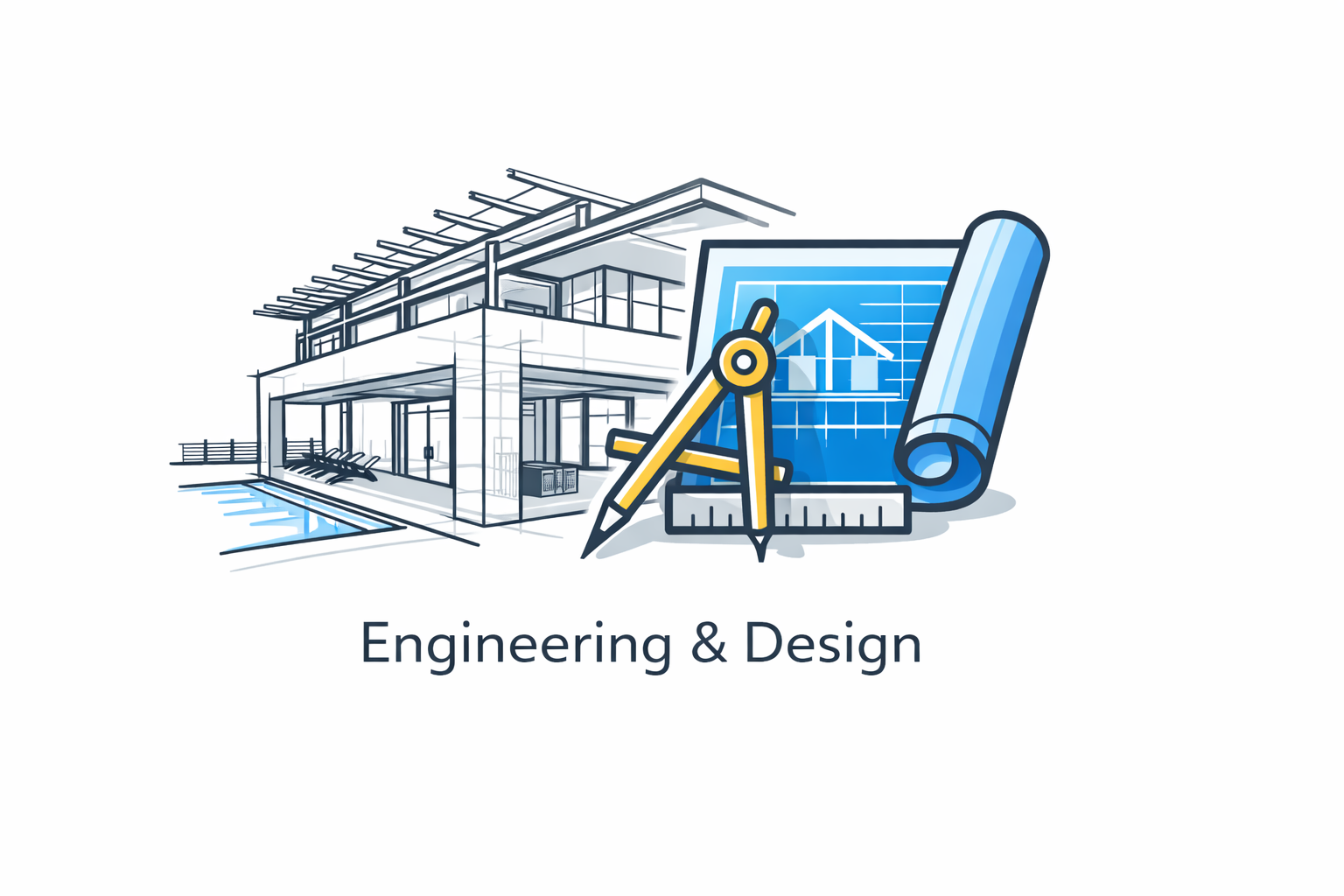 Illustration of a modern house with engineering tools including a compass, ruler, blueprint, and rolled-up plans, with the text 'Engineering & Design' underneath.