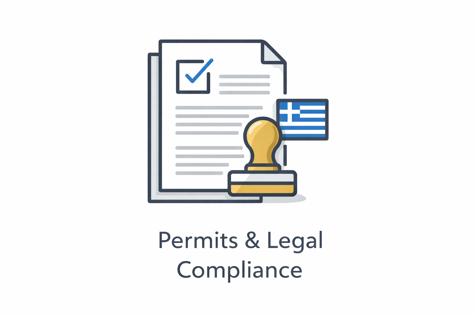Illustration of documents, a stamp, and a Greek flag, with the text 'Permits & Legal Compliance' beneath.