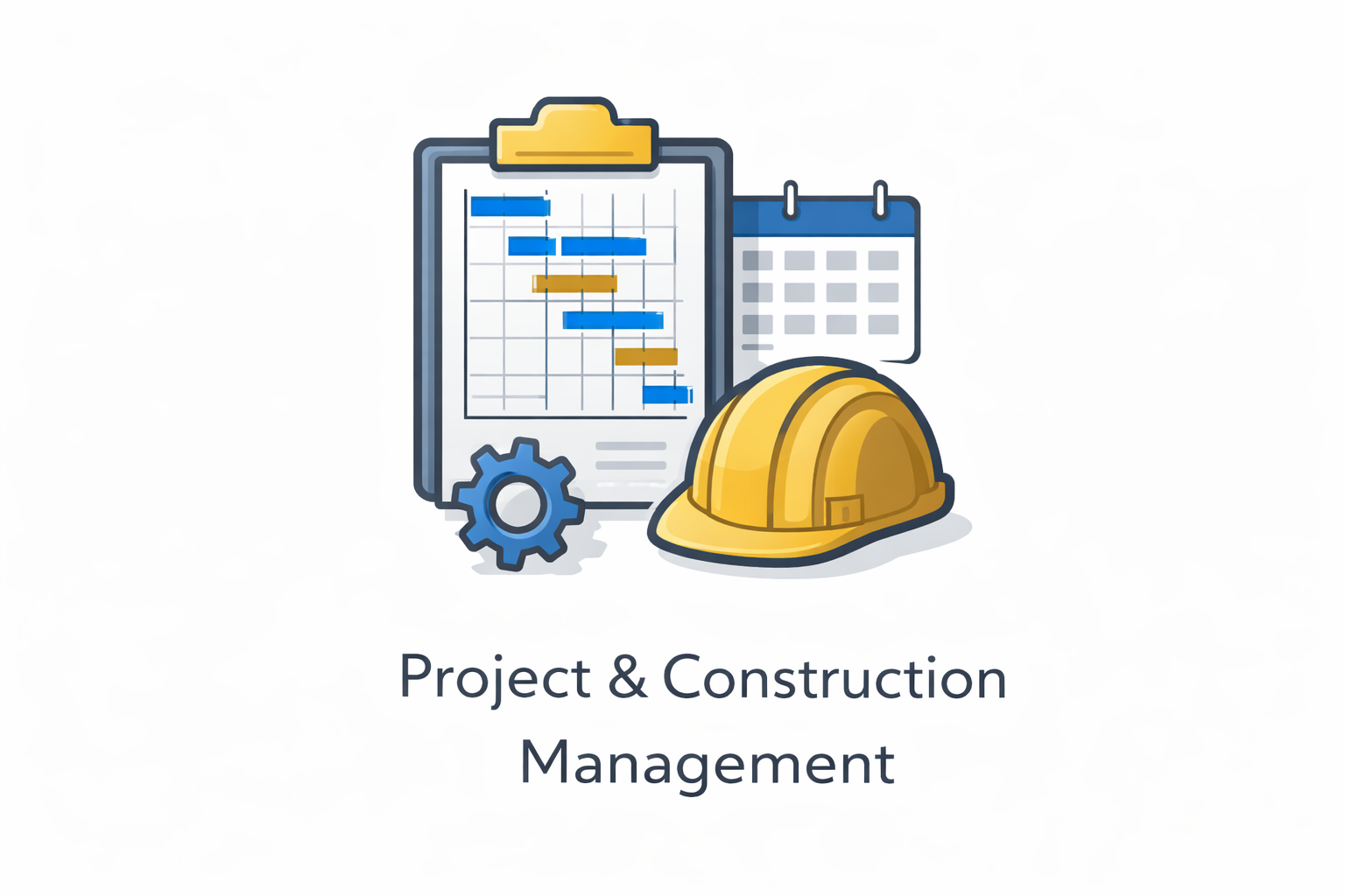 Illustration of project management items including a Gantt chart on a clipboard, a calendar, a gear, and a construction helmet, with the text 'Project & Construction Management' beneath.