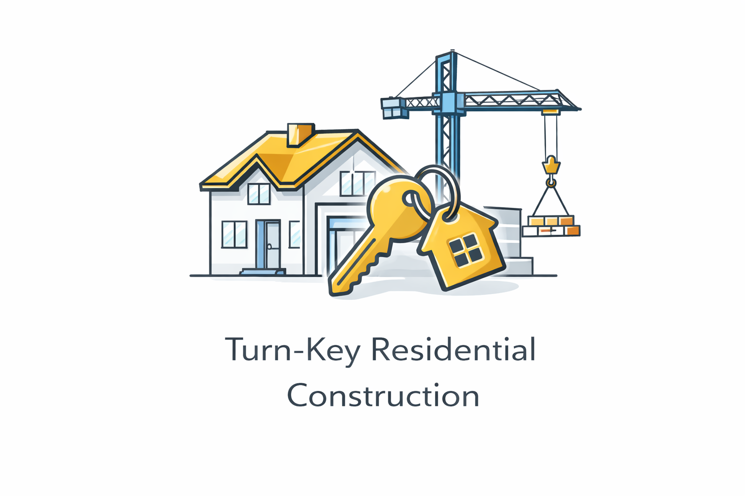 Illustration of a house under construction with a crane, large keys with a house-shaped keychain, and the text 'Turn-Key Residential Construction' beneath.