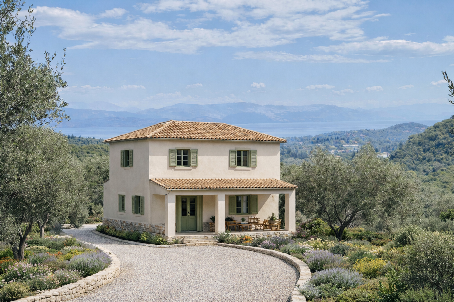 A two-story house with green shutters and a tiled roof, situated in a lush garden with trees and flowering plants, overlooking a scenic landscape with mountains and water in the background.
