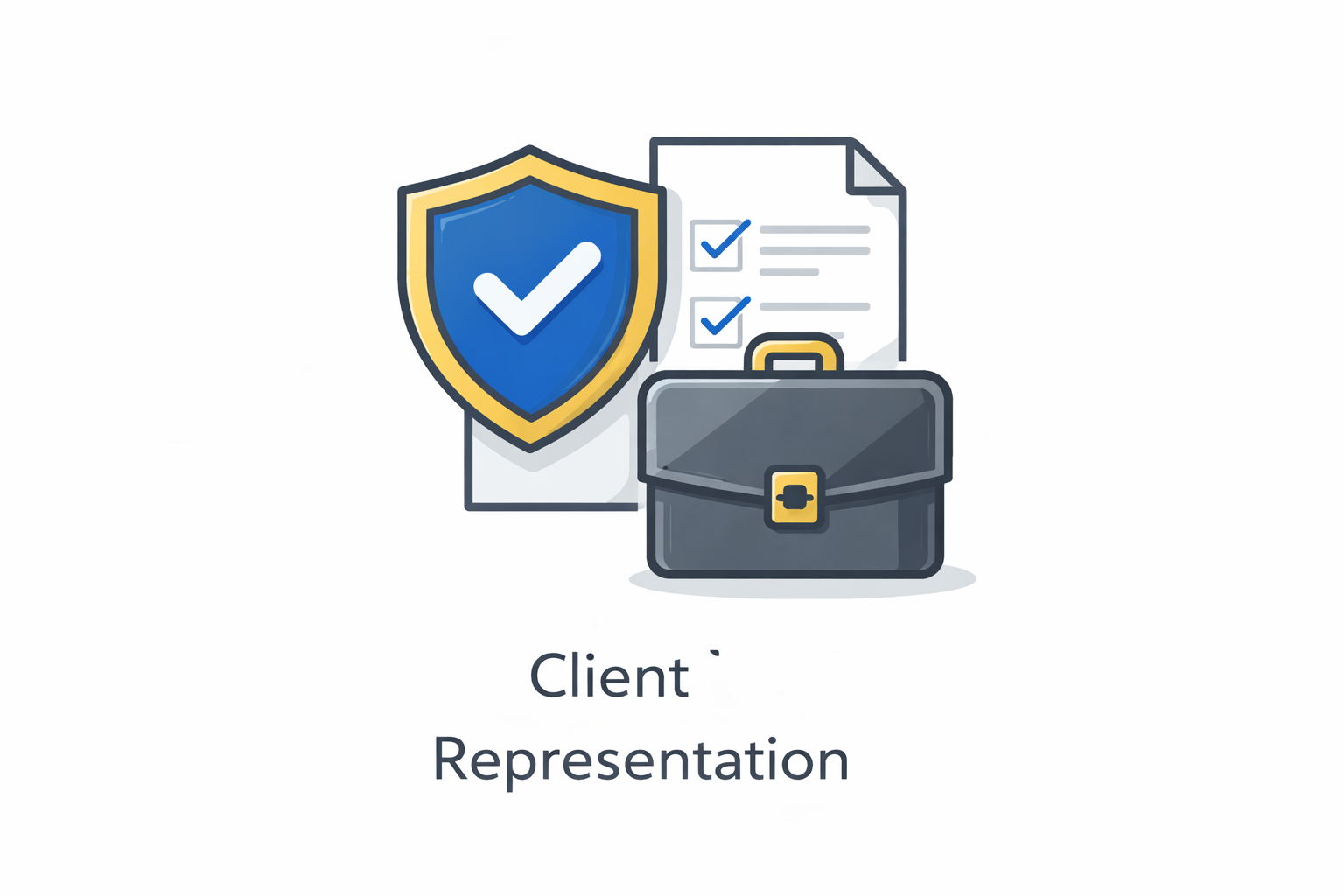 Illustration of a shield with a check mark, a document with check marks, and a briefcase, representing client protection and representation.