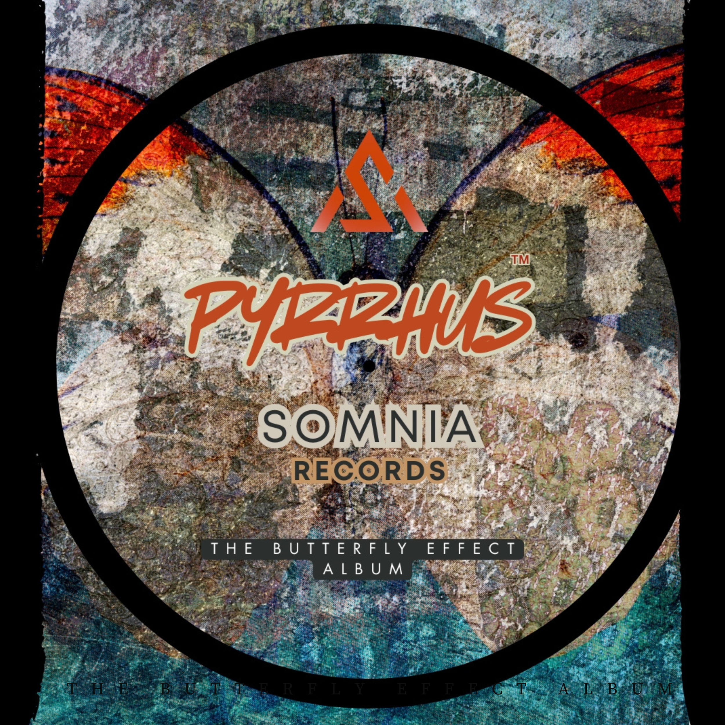 Album cover featuring a textured butterfly wing background and a black circular border. Text on the cover includes 'PYRRHUS', 'SOMNIA RECORDS', and 'THE BUTTERFLY EFFECT ALBUM' with a logo at the top.