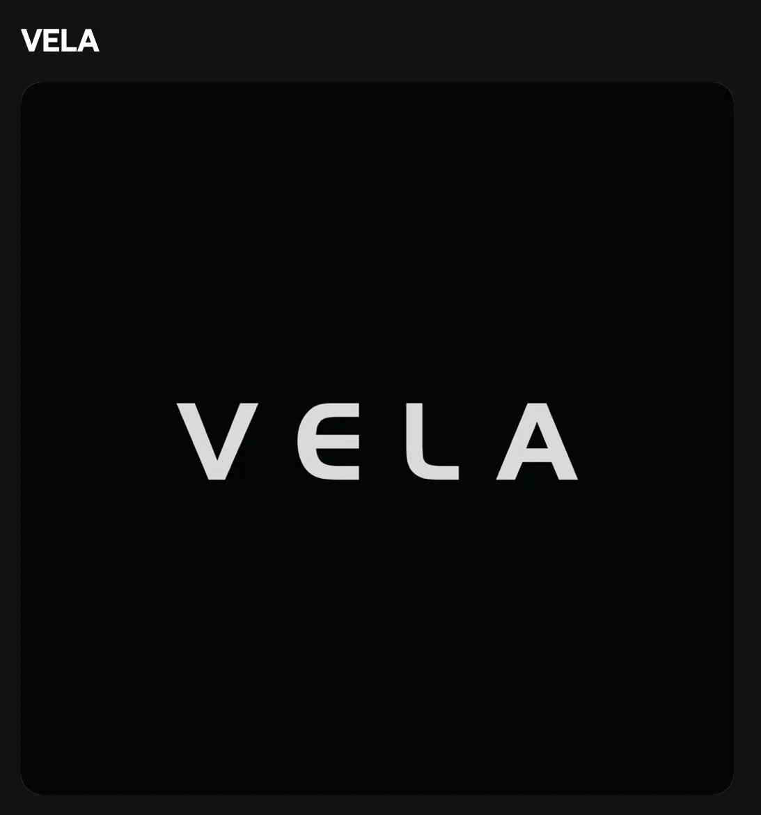 Black background with the word "VELA" written in gray capital letters in the center.
