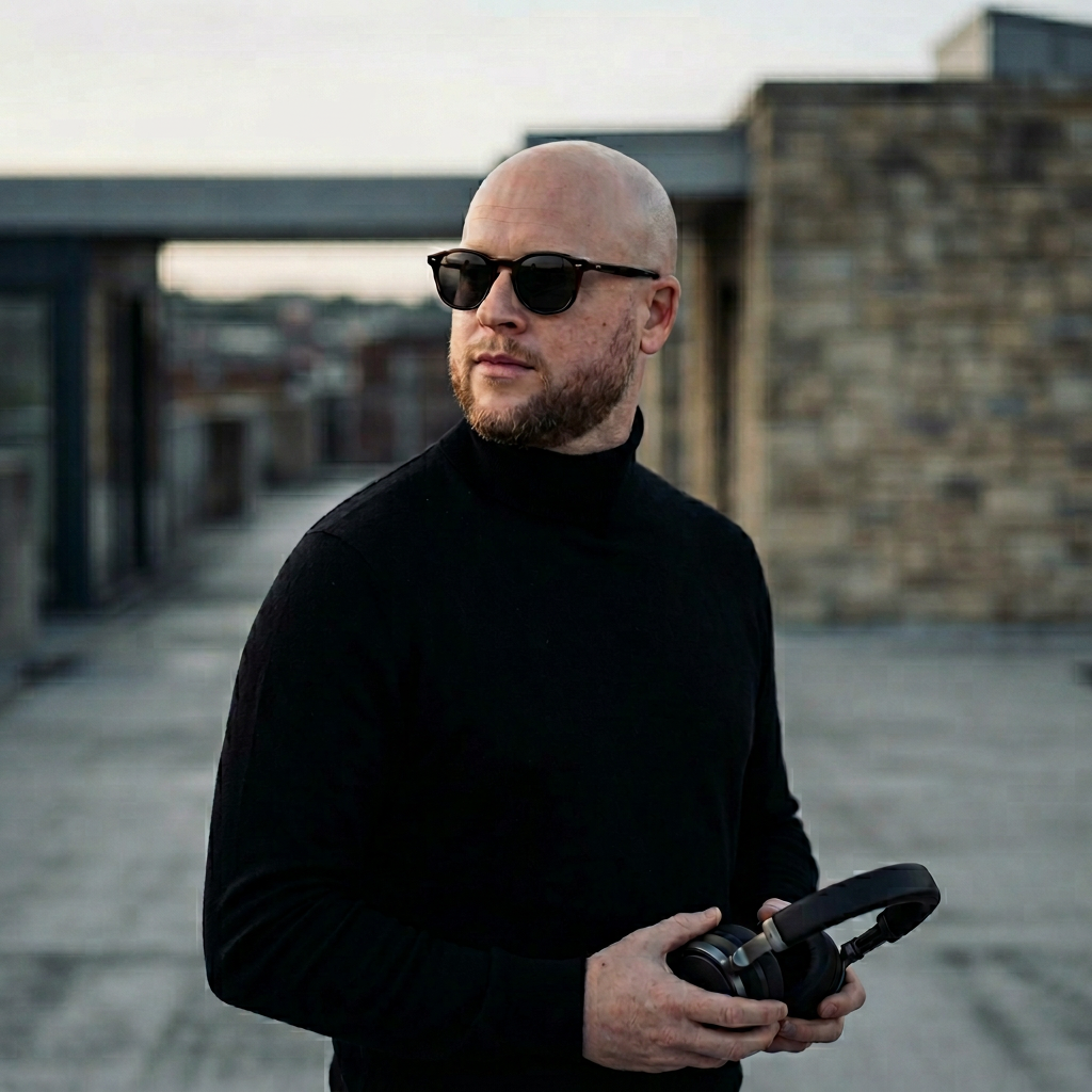 Bald man wearing black sunglasses and a black turtleneck holding headphones outdoors on a rooftop with blurred city buildings in the background.
