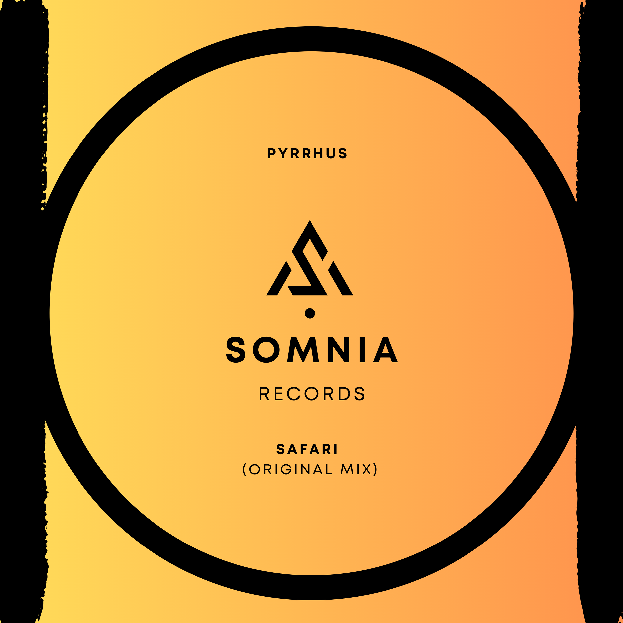 Music record label logo with gradient orange background, black circular outline, and text 'Pyrrhus', 'Somnia Records', and 'Safari (Original Mix)', featuring a stylized geometric symbol in the center.