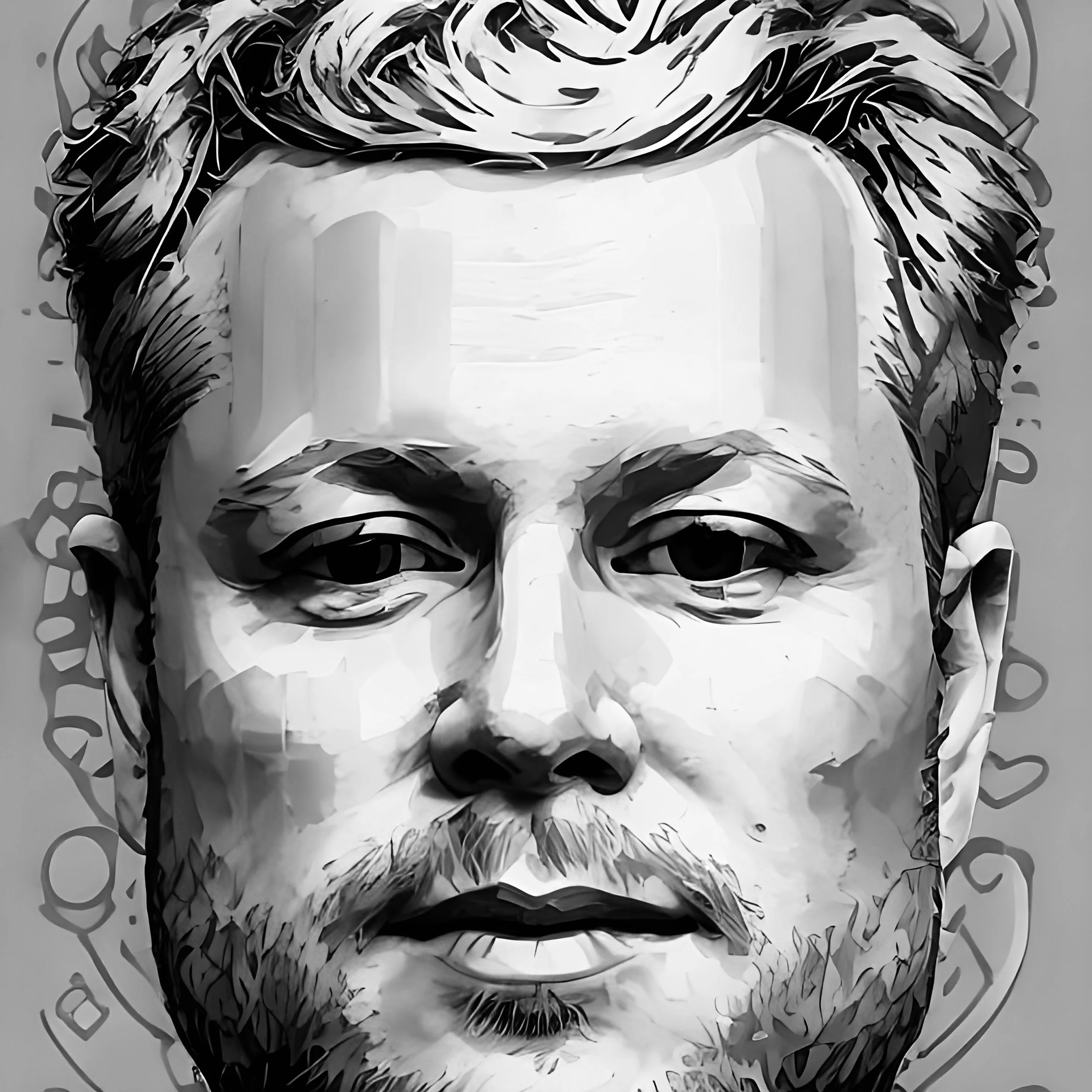 Black and white portrait of a man with a beard, with stylized artistic lines and patterns surrounding his face.