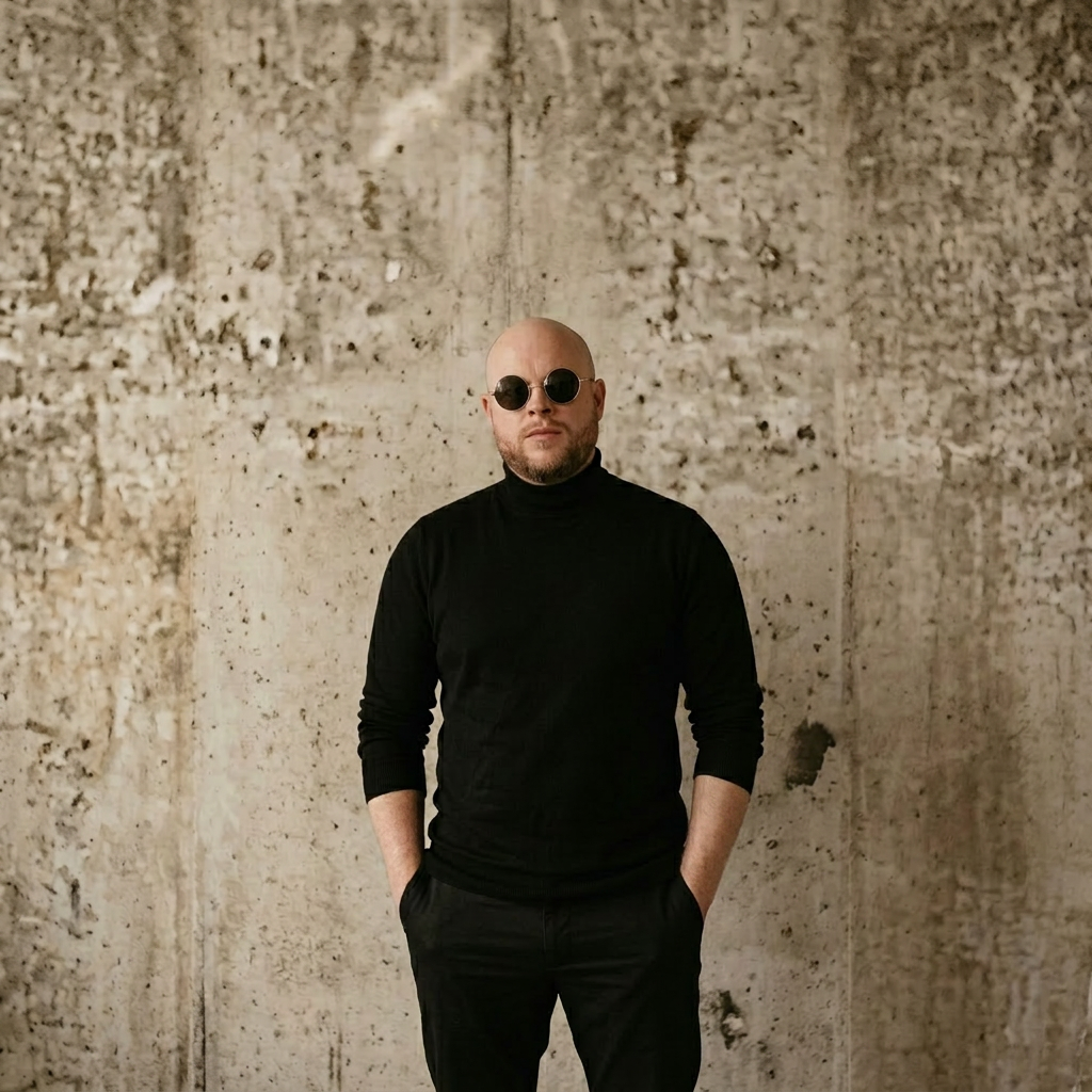 A man standing with hands in pockets against a textured beige wall, wearing black turtleneck sweater, black pants, and round black sunglasses.