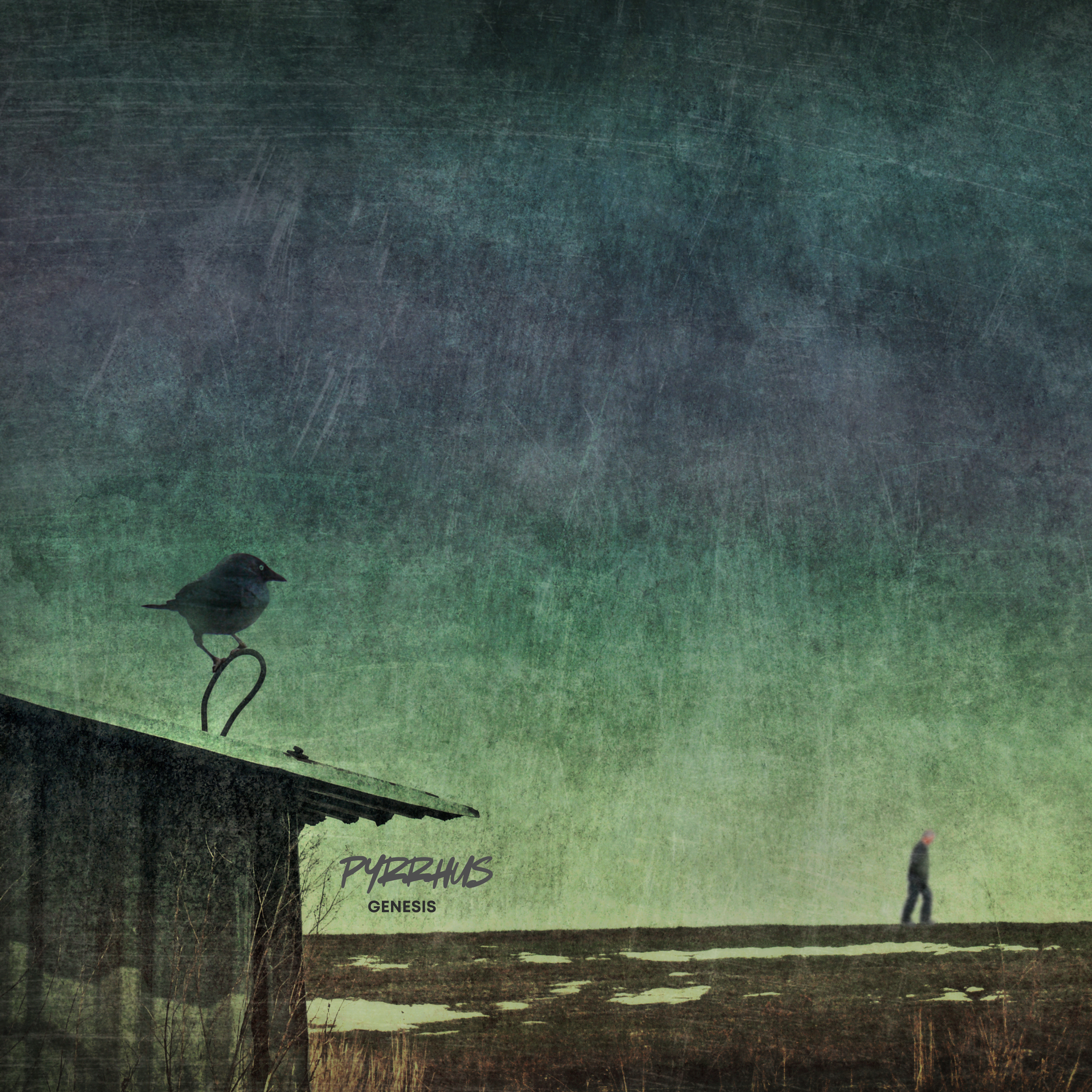 A dark, moody landscape with a person walking in the distance and a bird perched on the edge of a roof, under a textured sky. The text 'PYDRAHUS' and 'GENESIS' are visible near the roof.