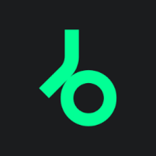 Bright green stylized fallen leaf logo on a black background