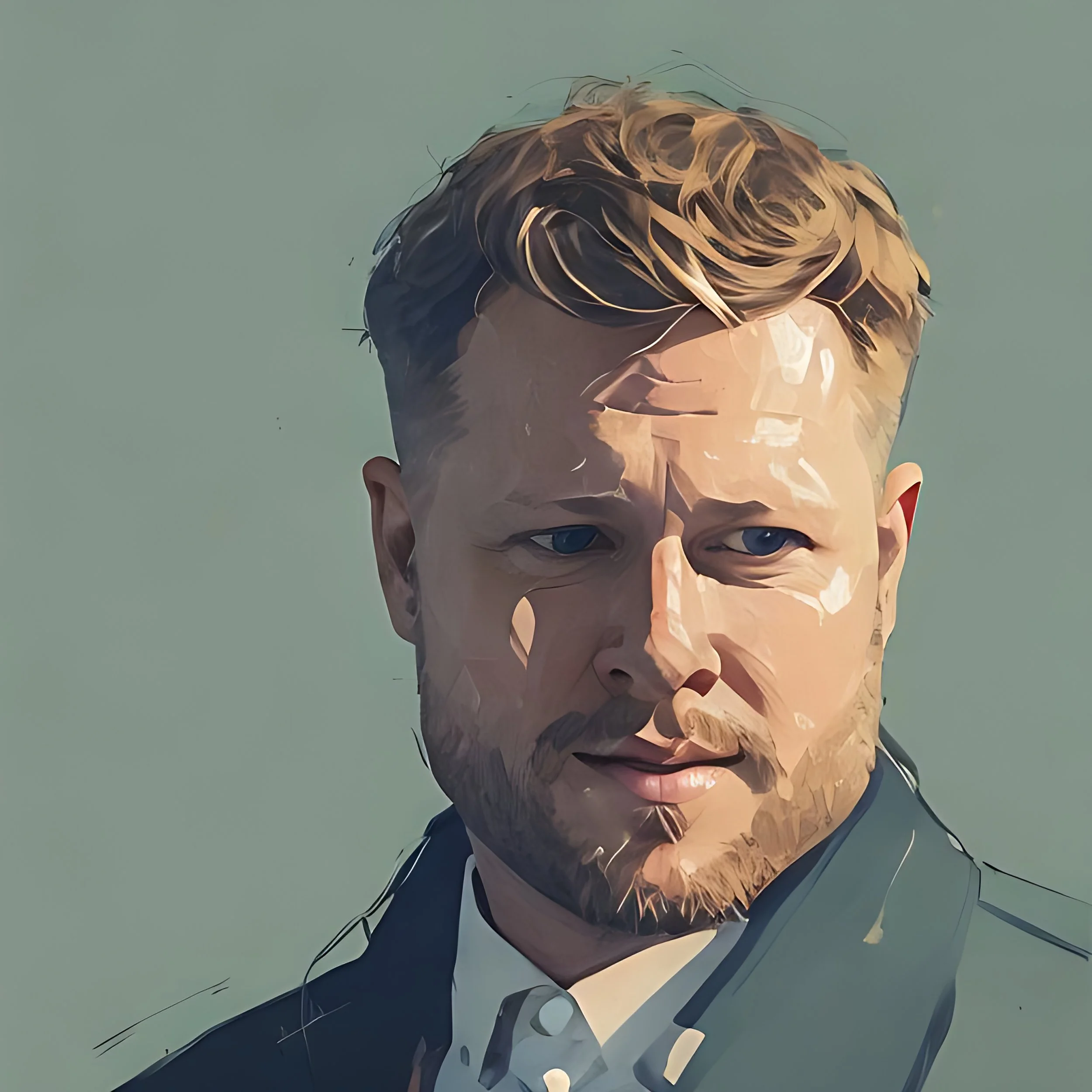 Digital painting of a man with brown hair, blue eyes, and a beard, wearing a dark suit and white shirt, against a plain background.