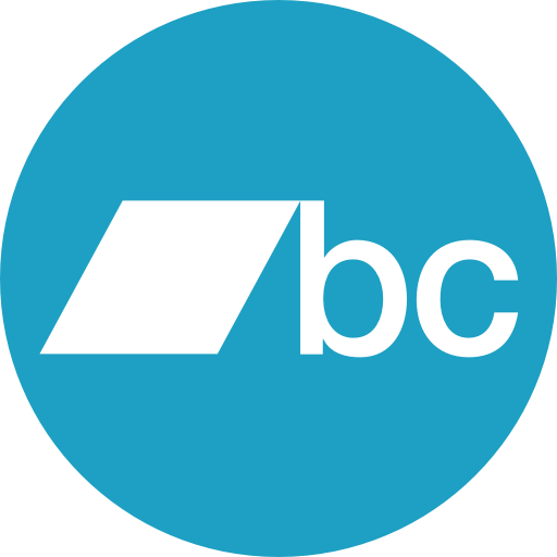 Blue circular logo with a white stylized rectangle and the lowercase letters 'bc' inside