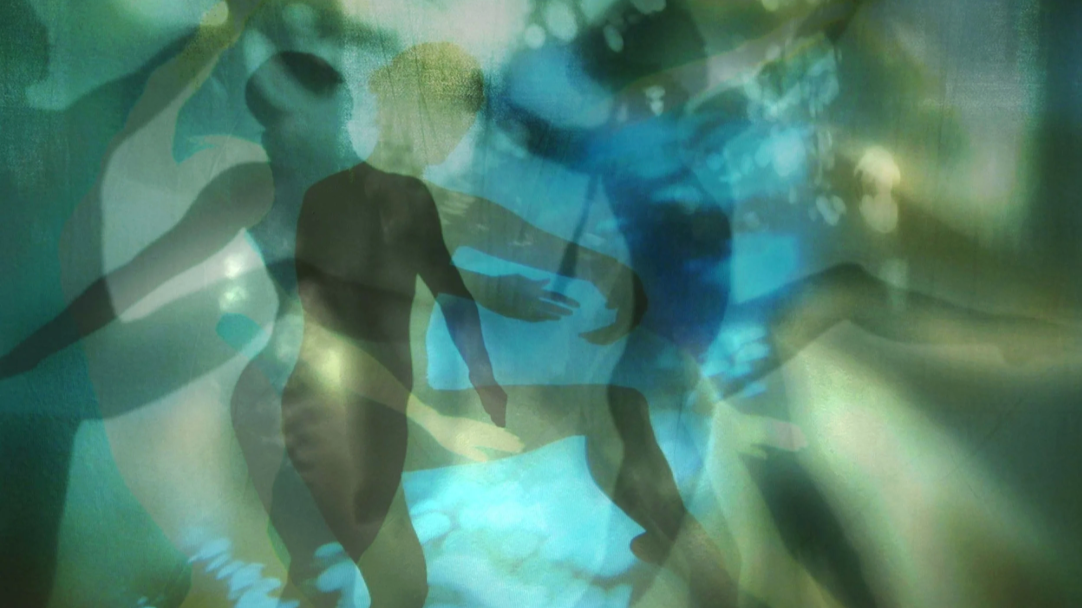 Abstract layered silhouettes of children swimming and playing in a pool with lush greenery in the background