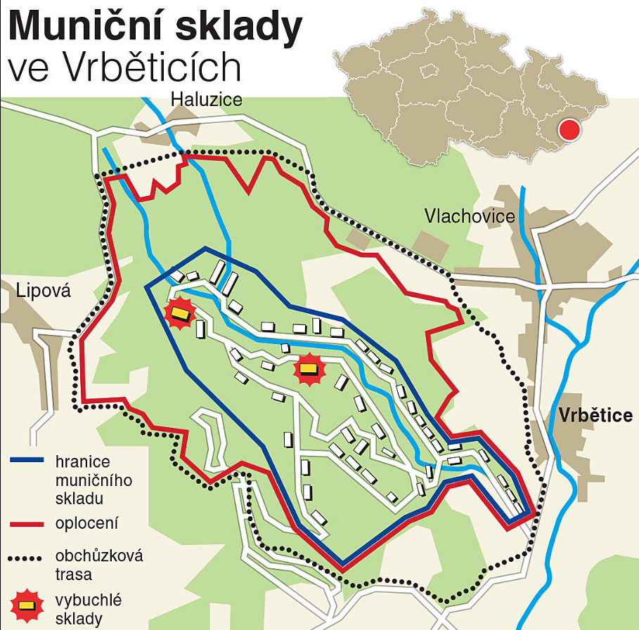 Map of munitions depots in Vrbětice, Czech Republic, showing exclusion zones, boundary lines, and locations of dangerous depots marked with explosion icons.