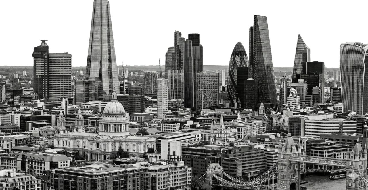London Skyline 2026 Greyscale arial image