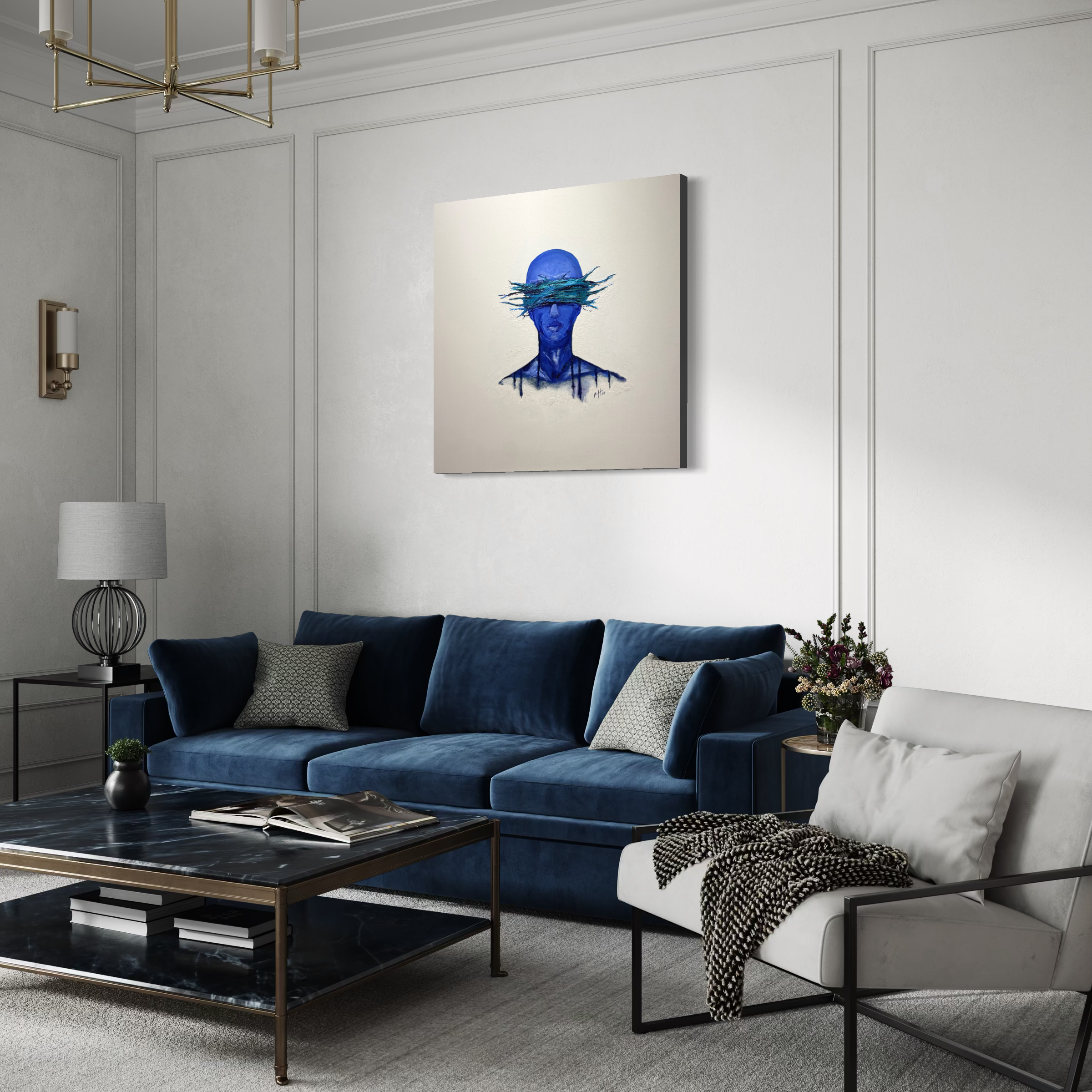 Blue figure painting from the Pure White Reinvention series by Karina Yacoubian