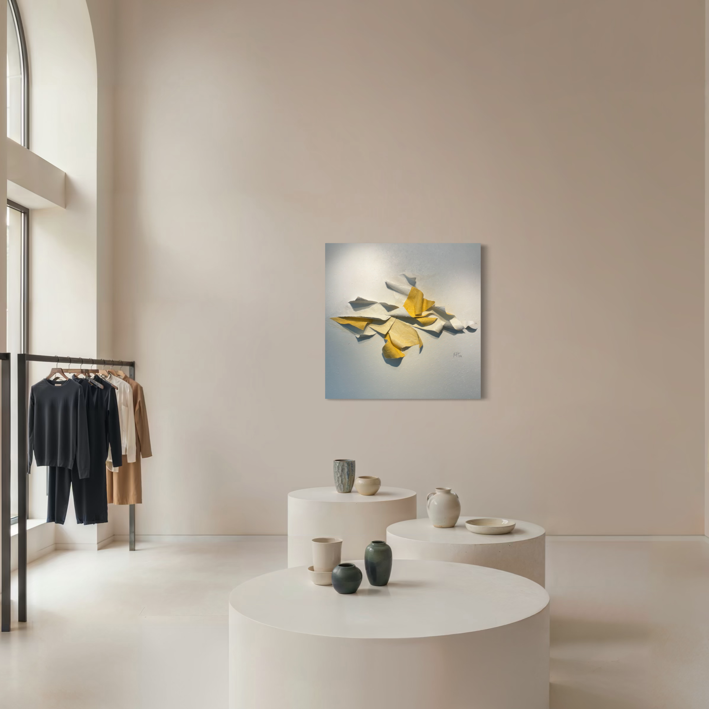 Silence, white and yellow relief from the Pure White series by Karina Yacoubian, on display