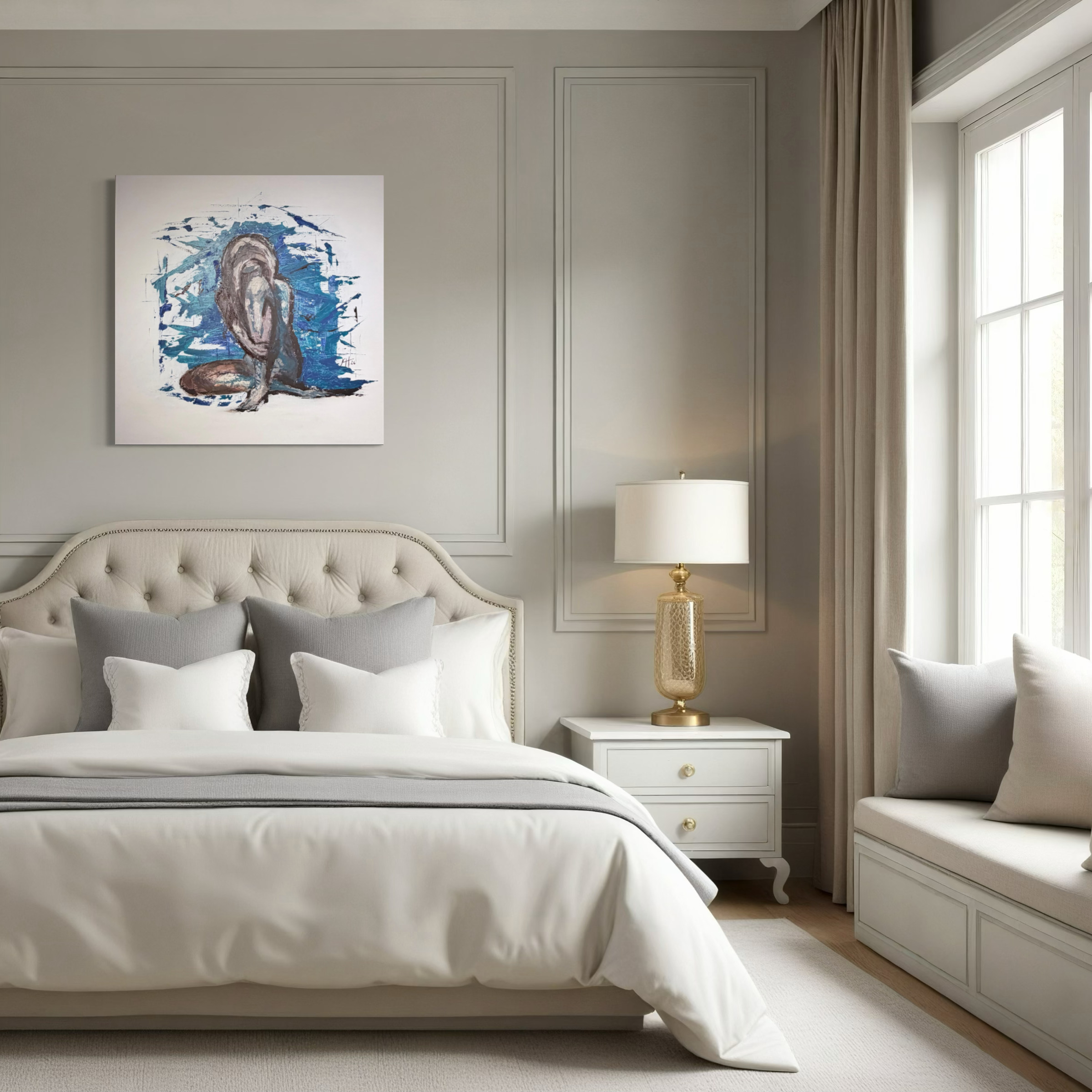 Introspection by Karina Yacoubian, Pure White Reinvention series, in a bedroom