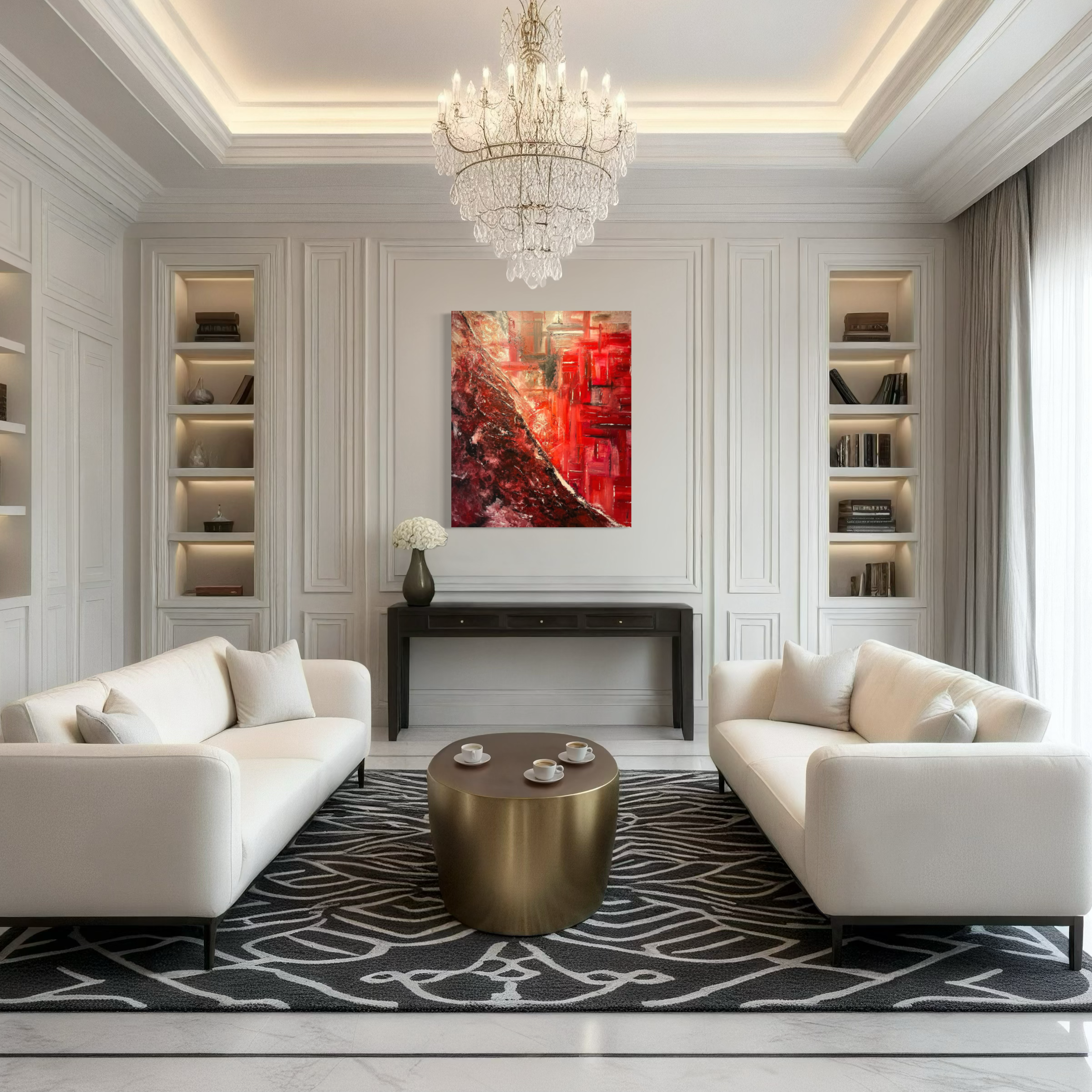Interior visualisation with a red abstract painting by Karina Yacoubian