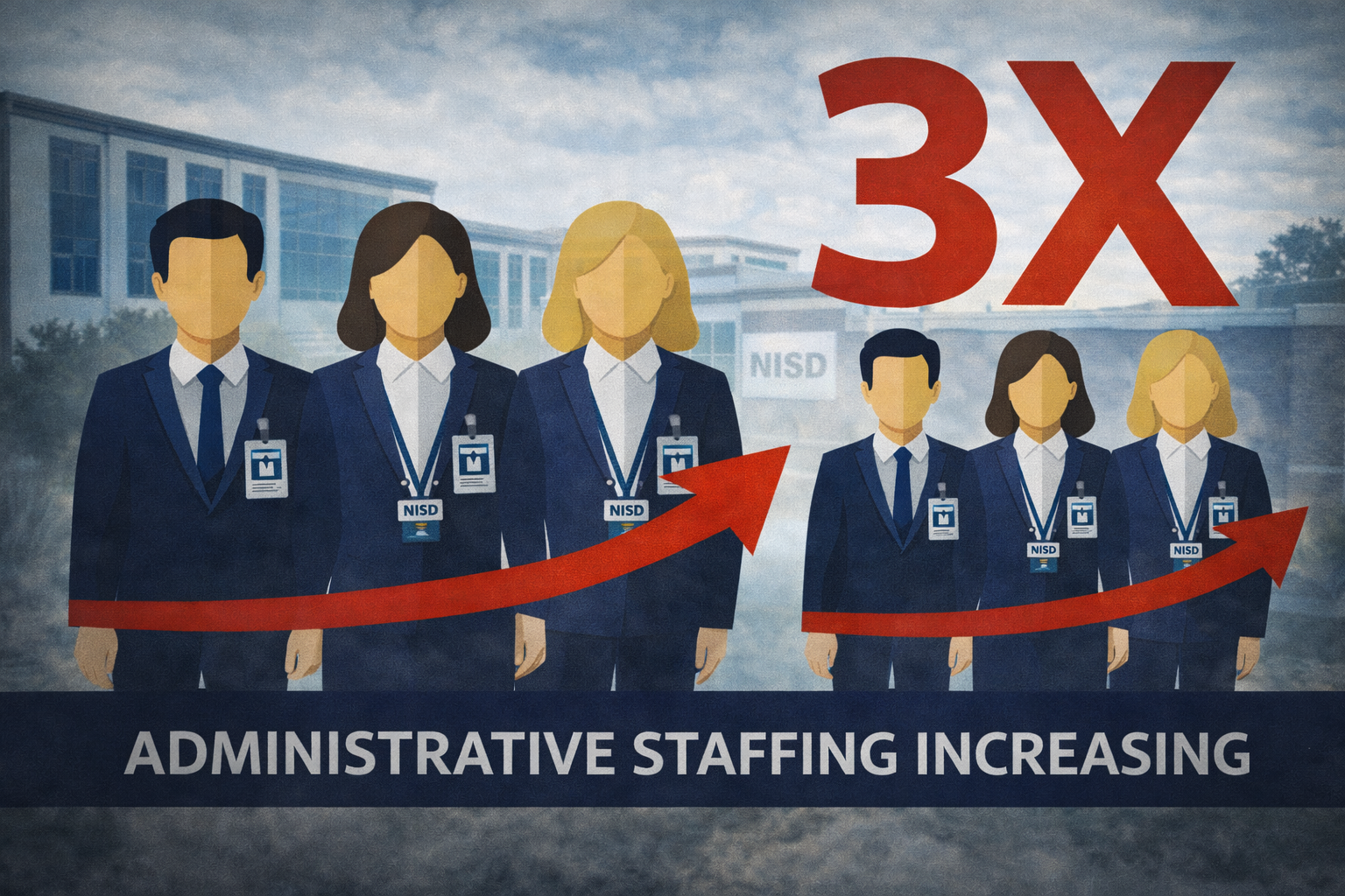 Illustration of six staff members in office attire with ID badges, standing in front of a school building labeled 'NISD', with red arrows and '3X' in large red text, and the words 'Administrative Staffing Increasing' at the bottom.