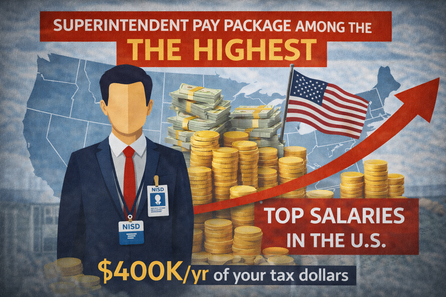 Graph showing a man with an ID badge labeled NISD, bundles of cash and coins with an American flag in the background, and red arrows indicating increased salaries. Text overlay states 'Superintendent pay package among the highest, top salaries in the U.S., $400K per year of your tax dollars.'