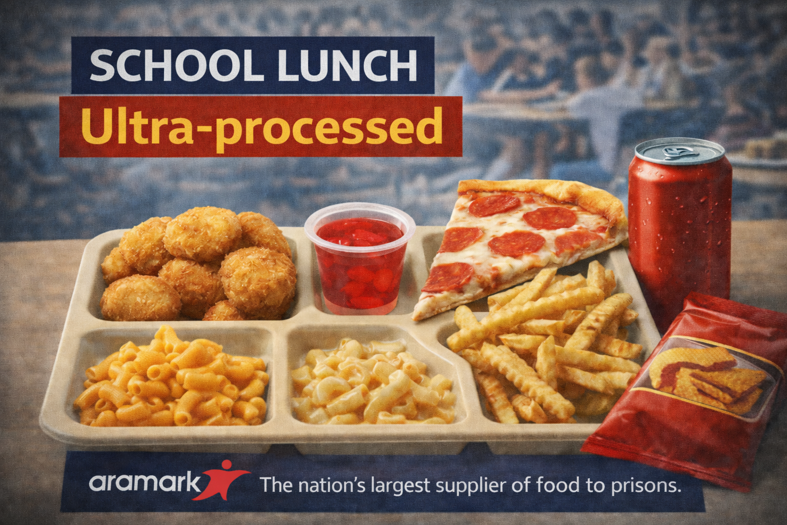 A school lunch tray with chicken nuggets, pasta salad, macaroni and cheese, french fries, a slice of pepperoni pizza, a cup of fruit punch, and a soda can. The tray is on a wooden surface with a blurred background of students in a cafeteria. The text overlays read 'School Lunch Ultra-processed' and 'Aramark The nation's largest supplier of food to prisons.'