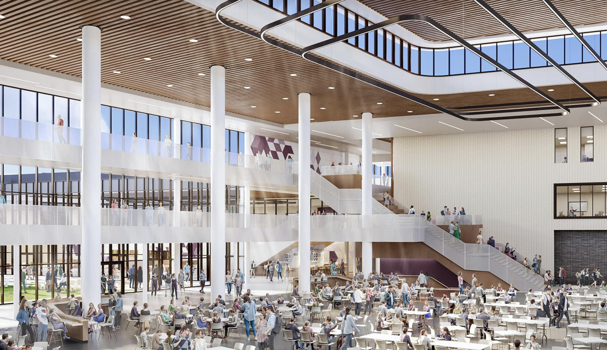 A modern, spacious multi-level public building interior with people walking, sitting, and socializing, featuring large windows, wooden ceiling panels, white support columns, and glass railings on upper floors.