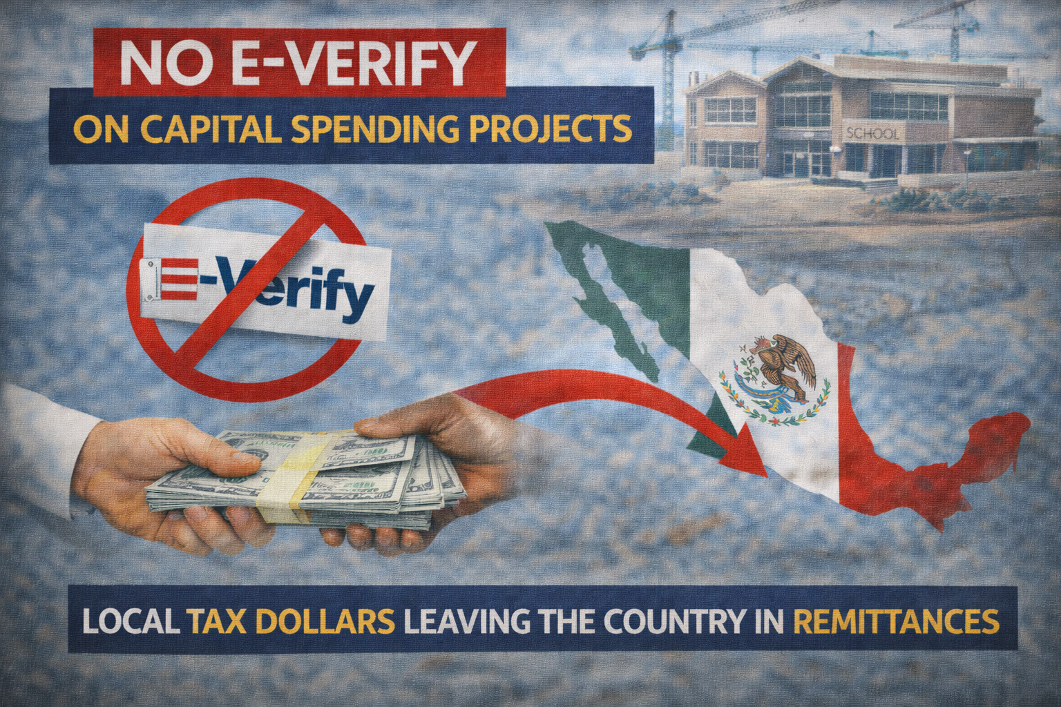 A protest sign protesting the e-verify program on capital spending projects. It shows a crossed-out e-verify logo, a handshake holding US dollar bills, a map of Mexico with a downward arrow, and a modern school building in the background. The sign also contains text: "No E-Verify on Capital Spending Projects" and "Local tax dollars leaving the country in remittances."
