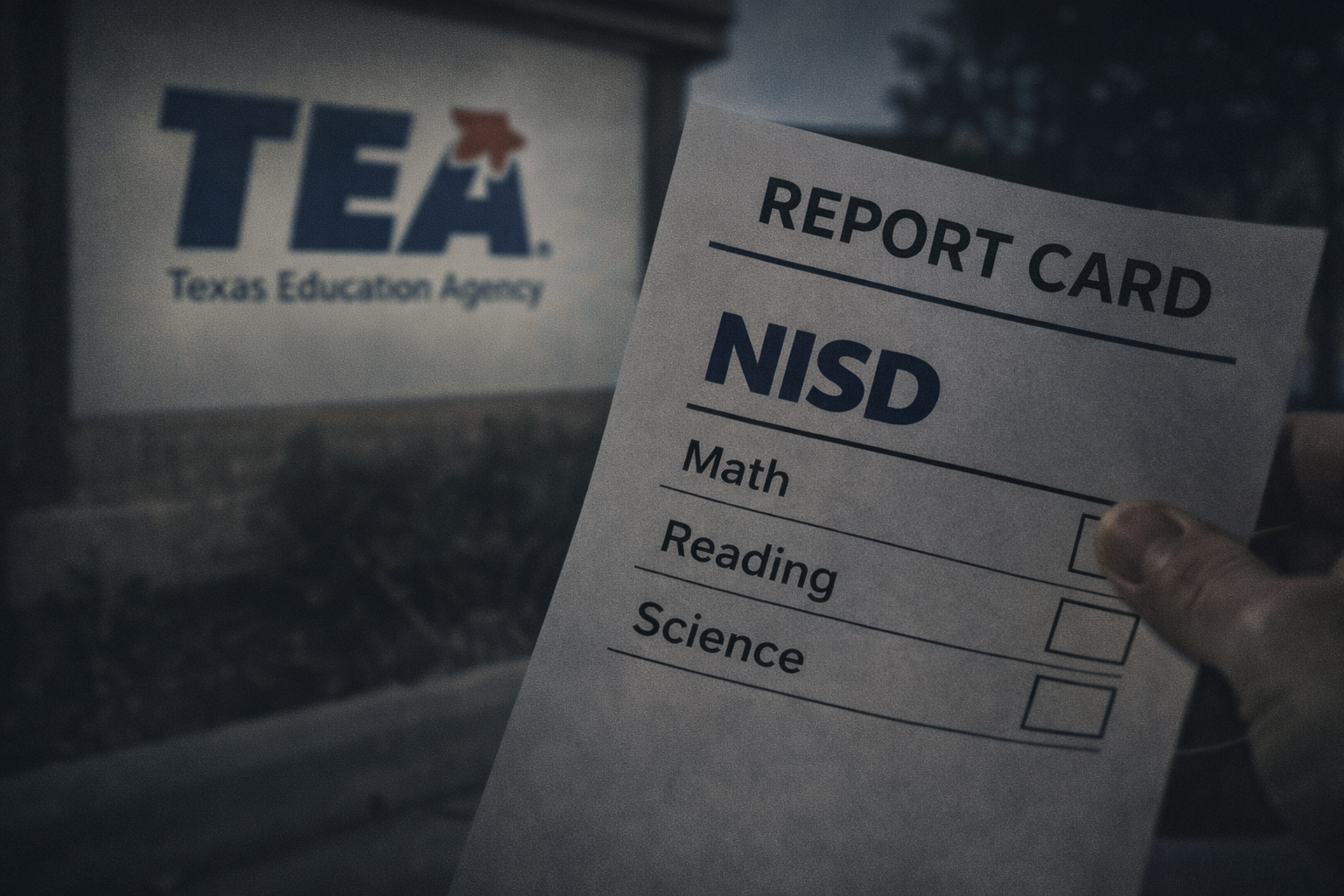 Hand holding a report card for NISD with subjects Math, Reading, and Science, in front of a Texas Education Agency sign in a dark environment.