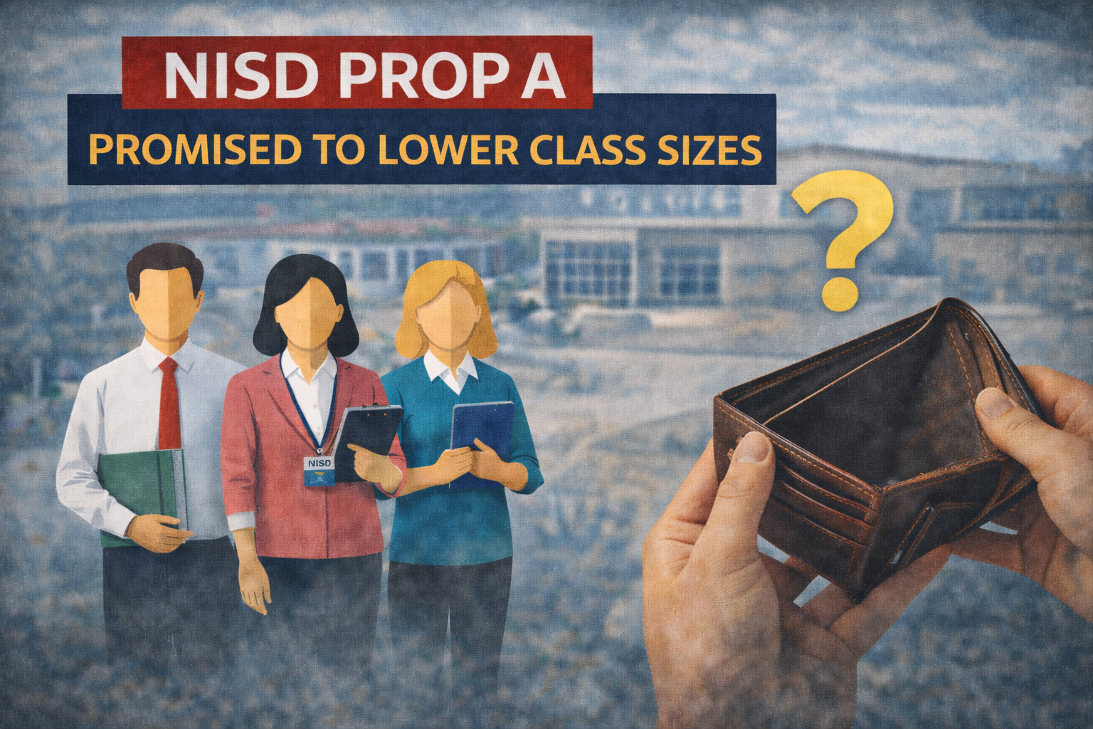 A digital illustration featuring three faceless professionals in front of a cityscape, holding documents and tablets, with a large empty wallet being held by a hand, and text that reads 'NISD PROP A PROMISED TO LOWER CLASS SIZES' and a yellow question mark.