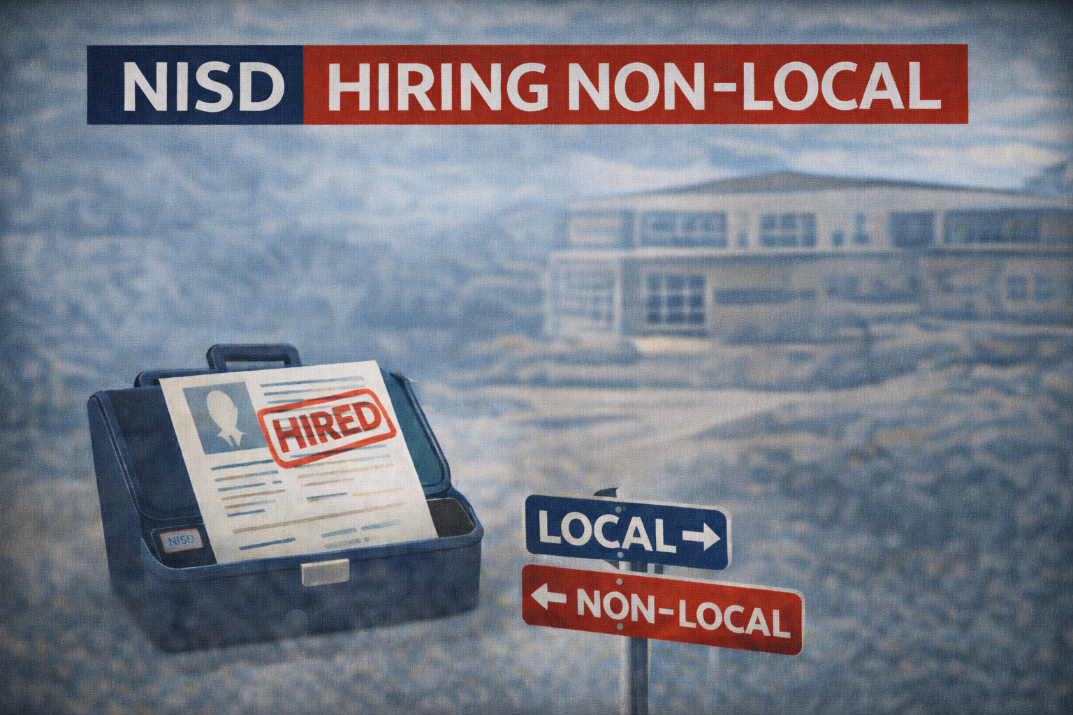 A brochure or sign from NISD with a headline 'HIRING NON-LOCAL'. It shows a briefcase with a hiring document marked 'HIRED', and street signs pointing to 'LOCAL' and 'NON-LOCAL' with arrows.