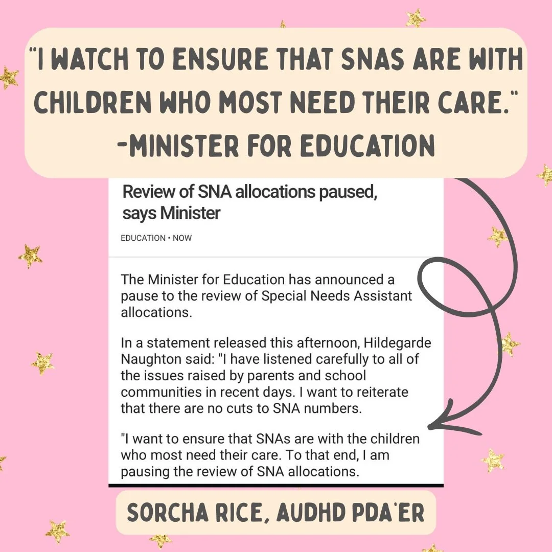 &ldquo;I want to ensure that SNAs are with the children who most need their care.&rdquo;

But how are those needs actually being determined when over 10,000 children are still waiting for their first contact from CDNTs? Not an IFSP. Not therapy. Not 