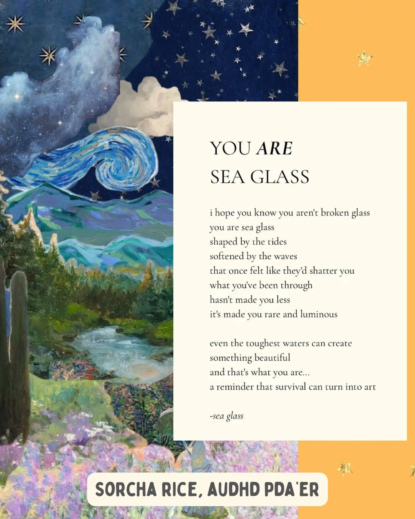 i am not broken glass
i am sea glass
softened by the tides
and still quietly shining

#autistic #neurodivergent #neurospicy