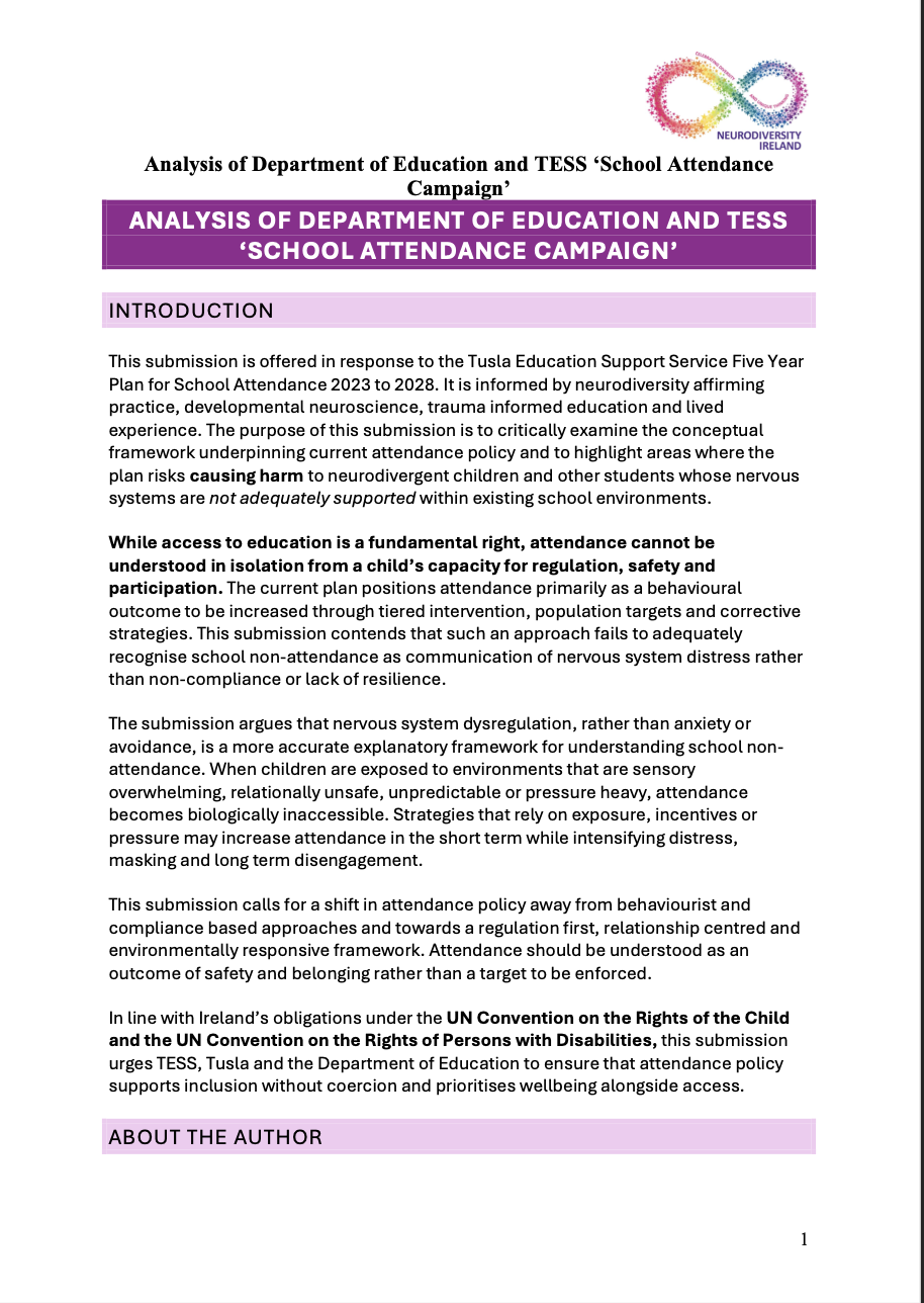Title page of a document titled 'Analysis of Department of Education and TESS School Attendance Campaign.' The document has a purple header, a logo in the top right corner with interlinked dots forming a rainbow-colored infinity symbol, and sections labeled 'Introduction' and 'About the Author' with pink headers.