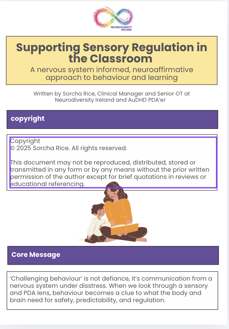 Cover page of informational document titled "Supporting Sensory Regulation in the Classroom", with Neurodiversity Ireland logo at the top. Contains sections with copyright and core message, and an illustration of a woman and a child reading together.
