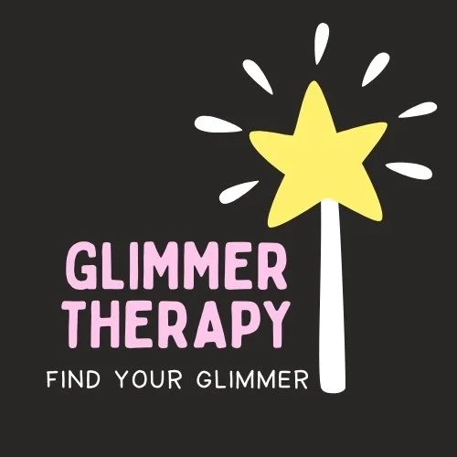 Illustration of a yellow star on a magic wand with sparkles, with the text "Glimmer Therapy" and "Find Your Glimmer" in pink and white letters, on a black background.