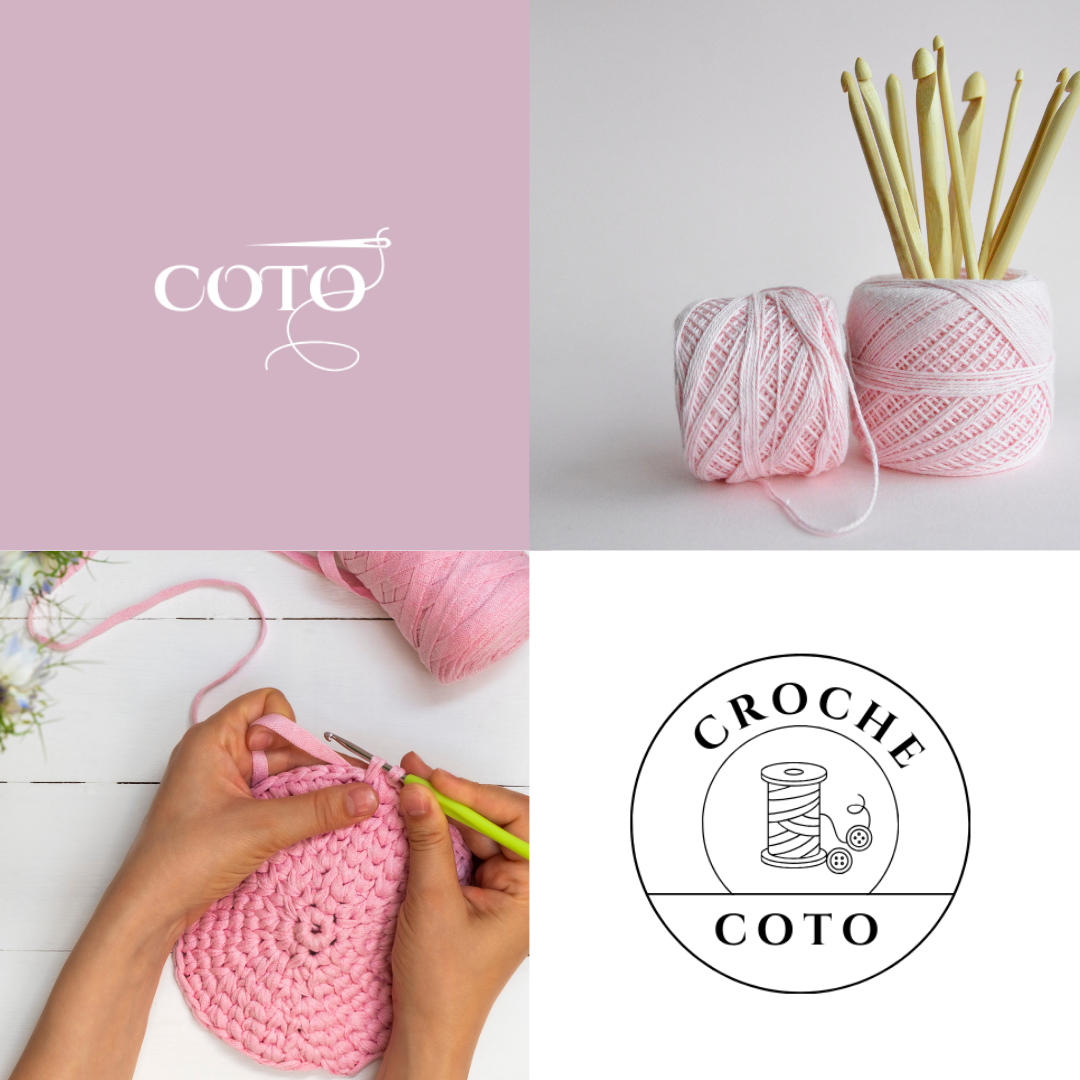 A digital collage of four images related to crochet. The top-left image shows a pink background with the text "COTO" and a crochet hook incorporated into the design. The top-right image displays two balls of pink and white yarn, with knitting needles