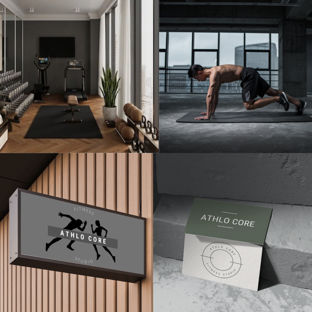 Four images of a fitness studio: an empty workout room with exercise equipment and mirrors, a man doing a mountain climbers exercise on a mat in a modern gym, a sign for Athlo Core Fitness Studio with silhouettes of two people exercising, and a close
