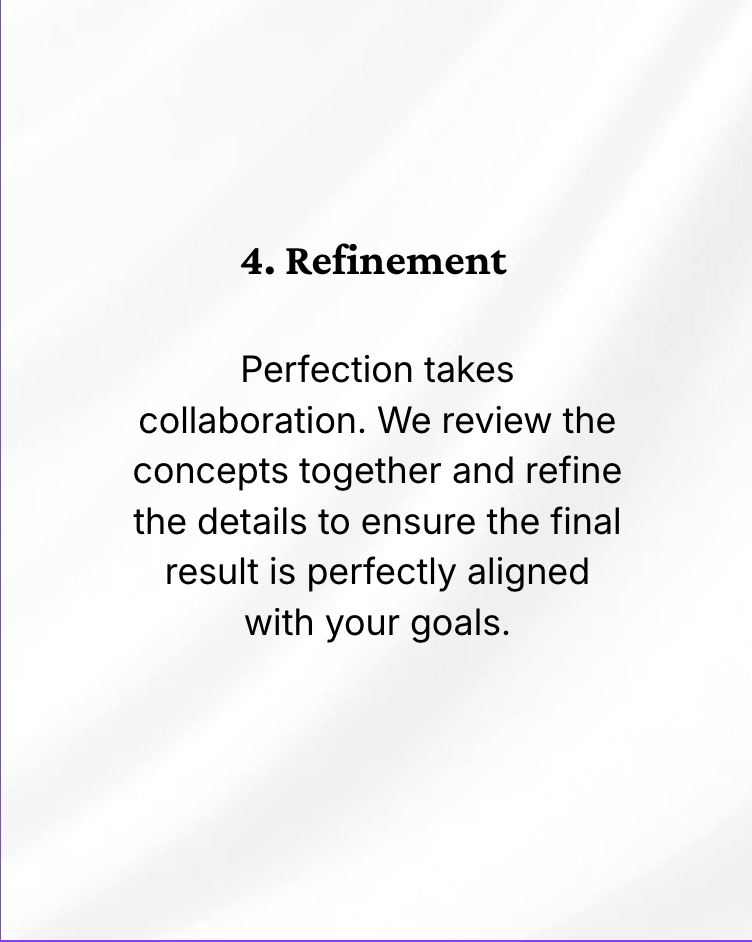 A slide with the title '4. Refinement' and the text: 'Perfection takes collaboration. We review the concepts together and refine the details to ensure the final result is perfectly aligned with your goals.'