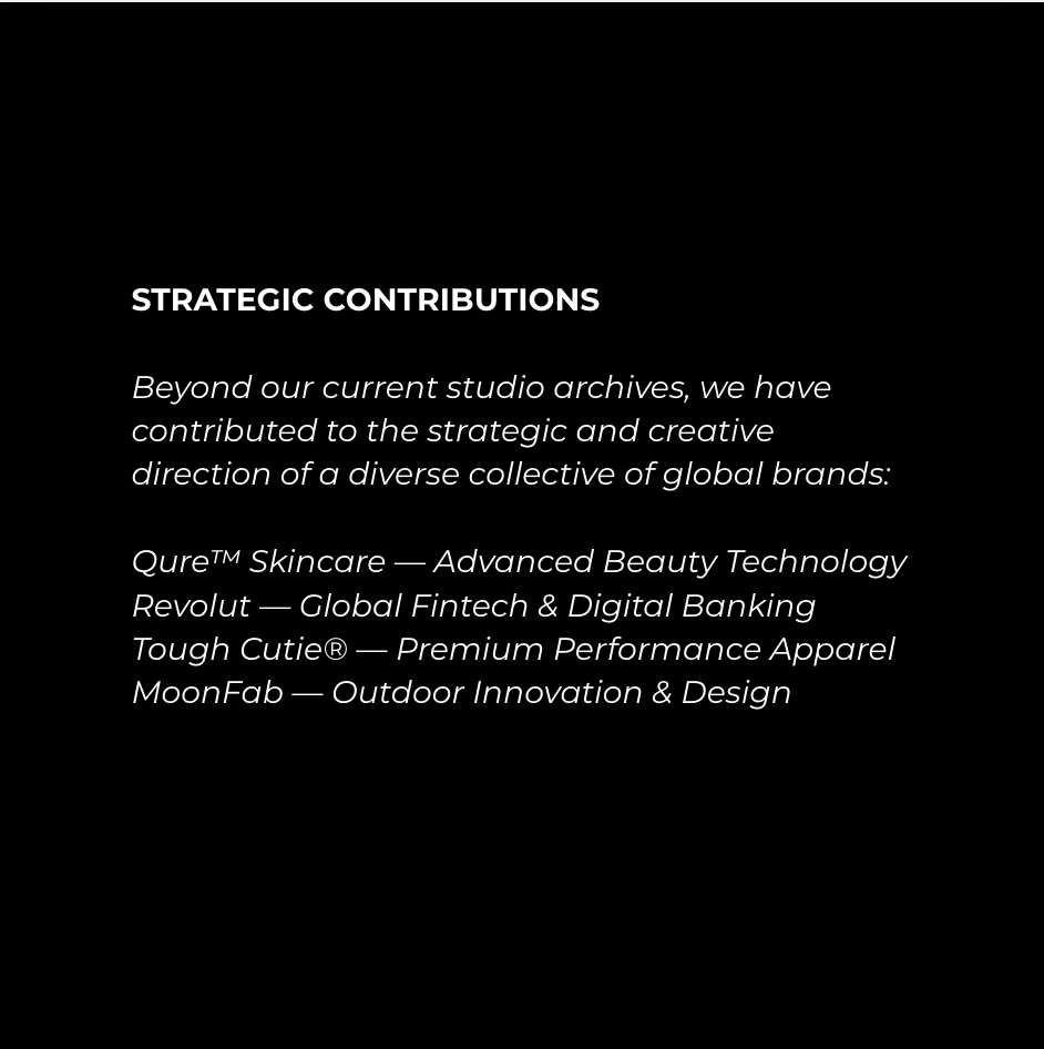 Text on a black background describing strategic contributions of a creative collective, including brands like Qure Skincare, Revolut, Tough Cutie, and MoonFab.