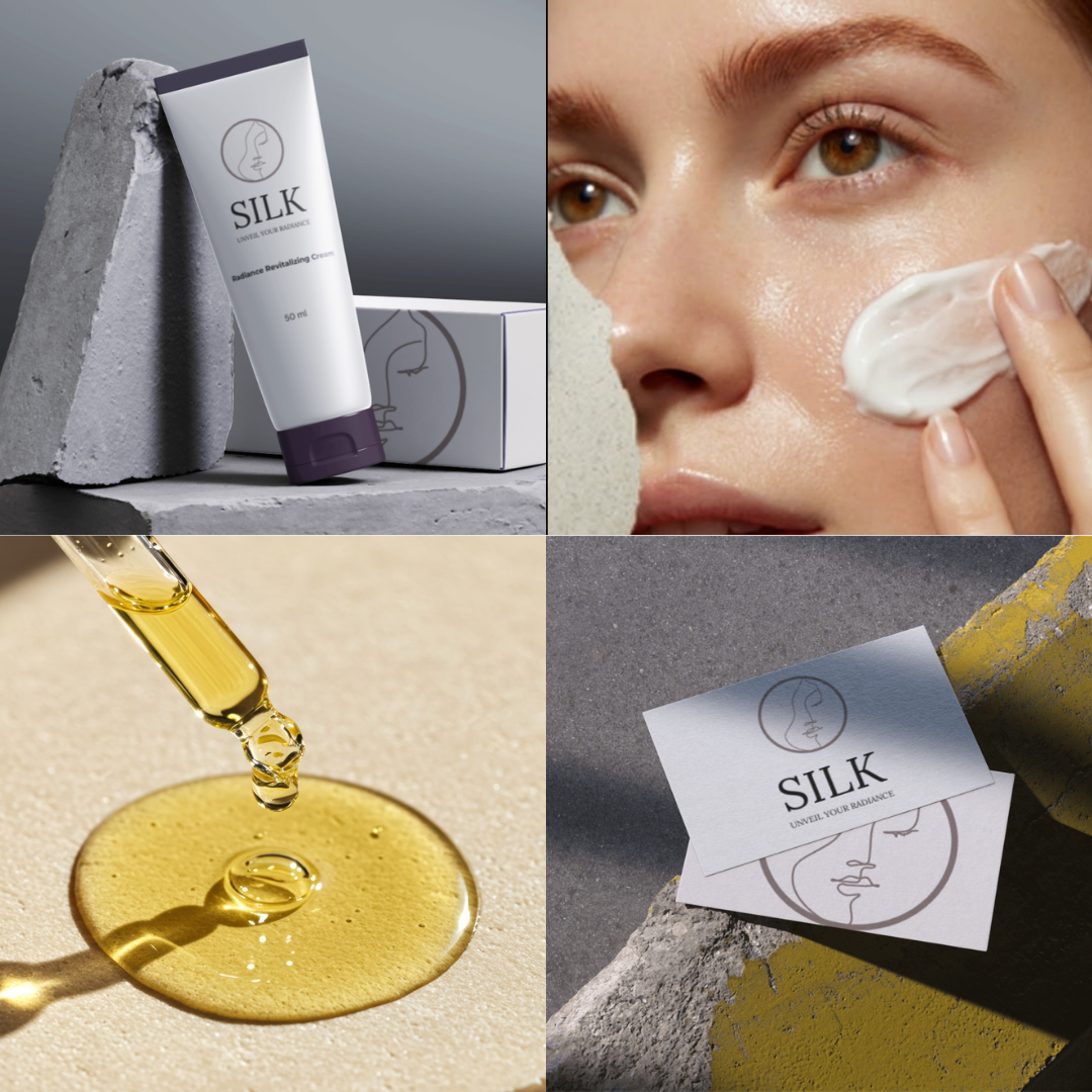 Top left: a skincare product tube labeled 'Silk' next to a box, resting on a concrete block. Top right: a woman applying cream to her cheek. Bottom left: a dropper dispensing a golden liquid onto a surface. Bottom right: business cards with the 'Silk
