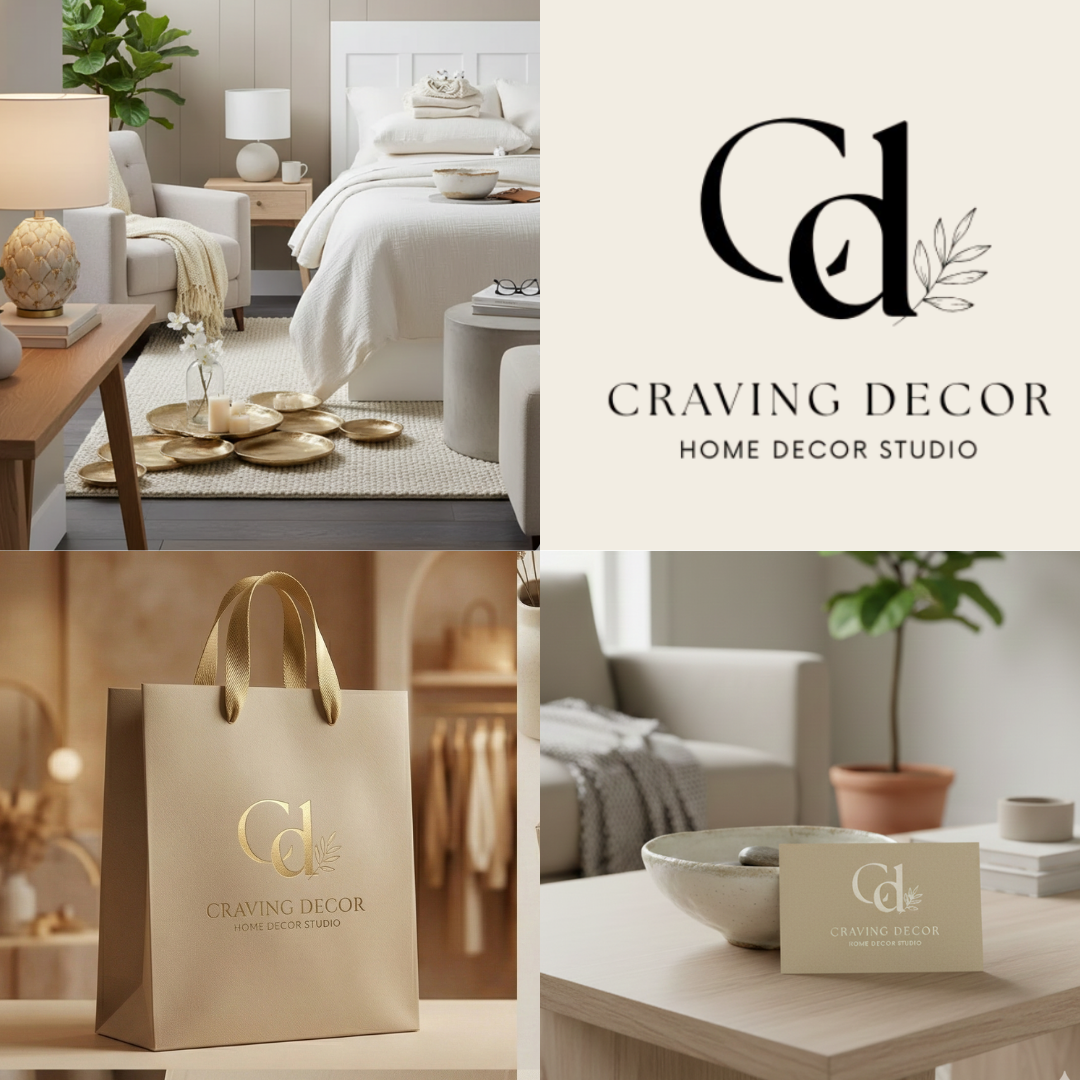Four images showcasing home decor items and branding: a cozy bedroom with neutral tones, a logo for Craving Decor Home Decor Studio, a shopping bag with the Craving Decor logo, and a close-up of a card with the same logo on a table.